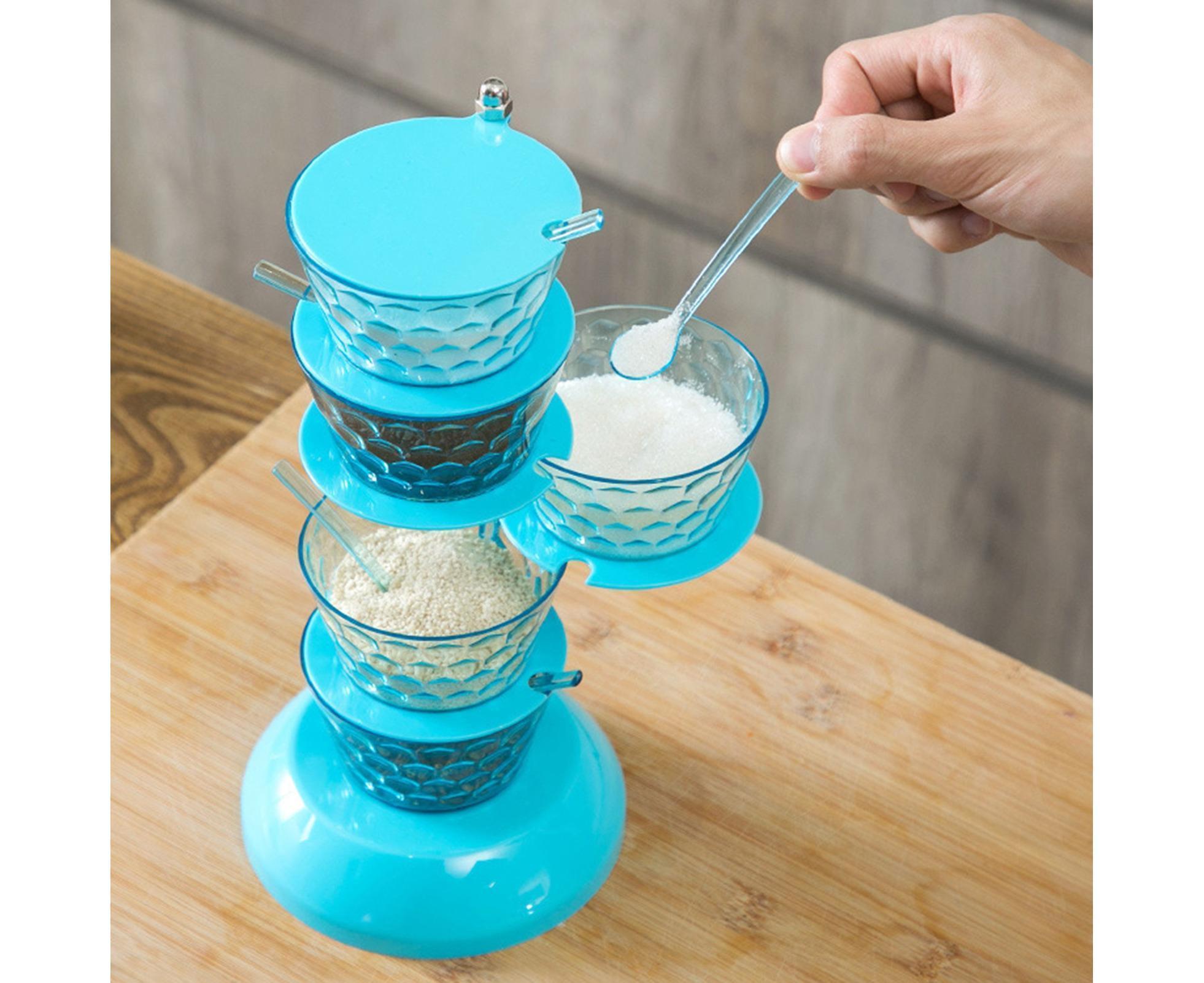 Kitchen Seasoning Bottles Boxes Plastic Frame Rotating Condiment Storage Rack-Light Blue 4 Layers - Image 5