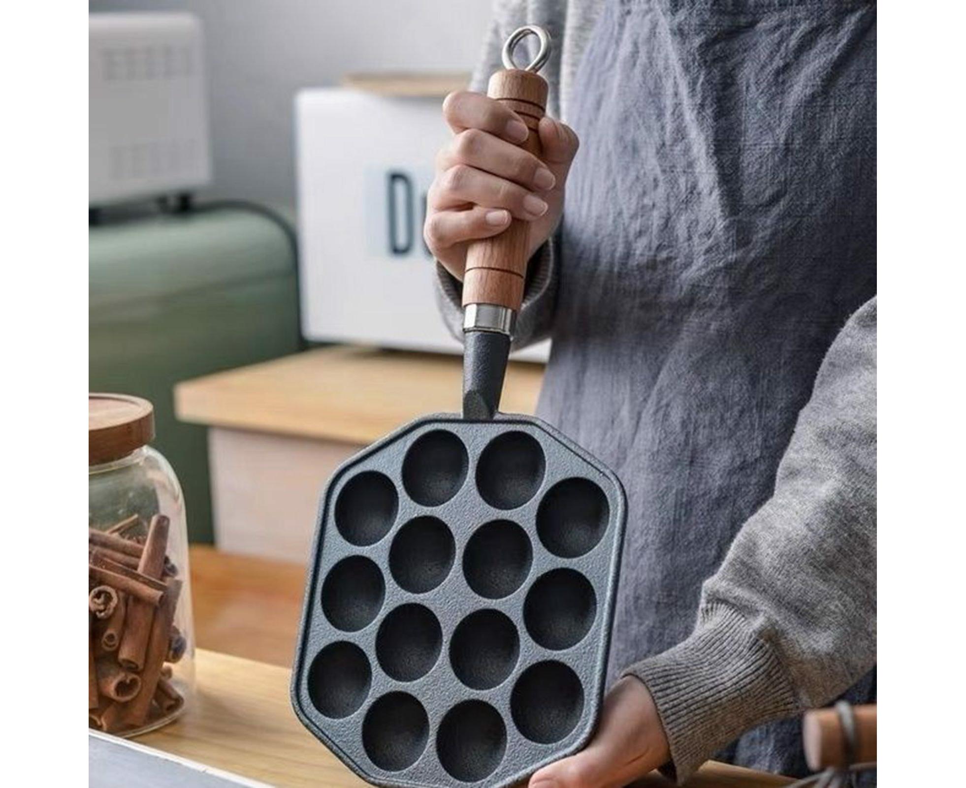14-Hole Takoyaki Pan, Non-Stick Cast Iron Octopus Meatball Mold, Detachable Handle - Image 2