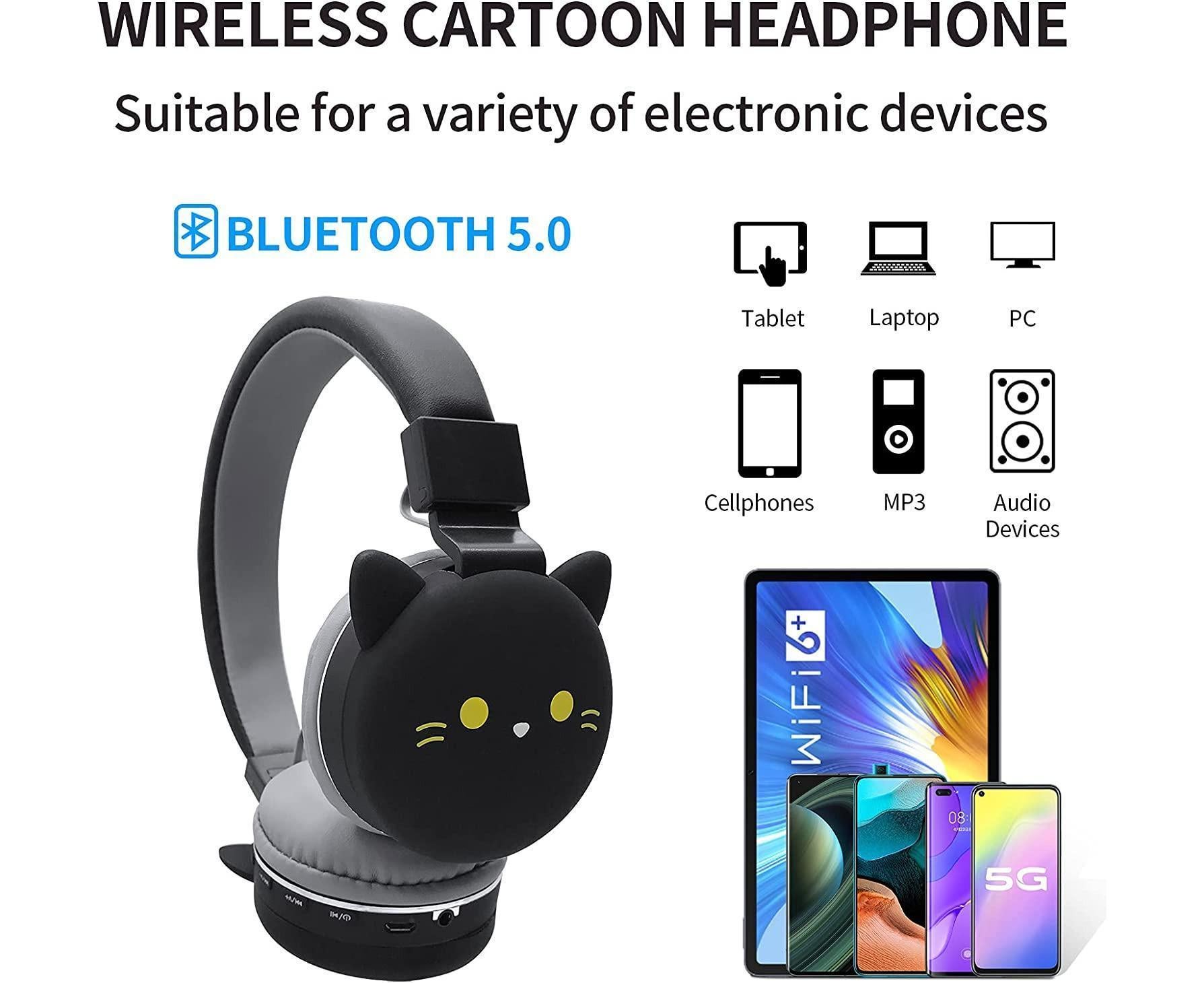 Cartoon Wireless Headphones - Stereo Sound - Cute Black Cat Headphones for babies - Image 4