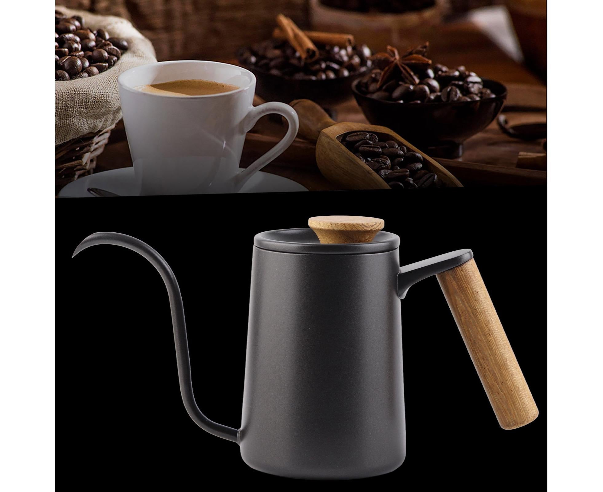 600ml Stainless Steel Drip Coffee Pot, Long Gooseneck Spout Kettle, Black - Image 1
