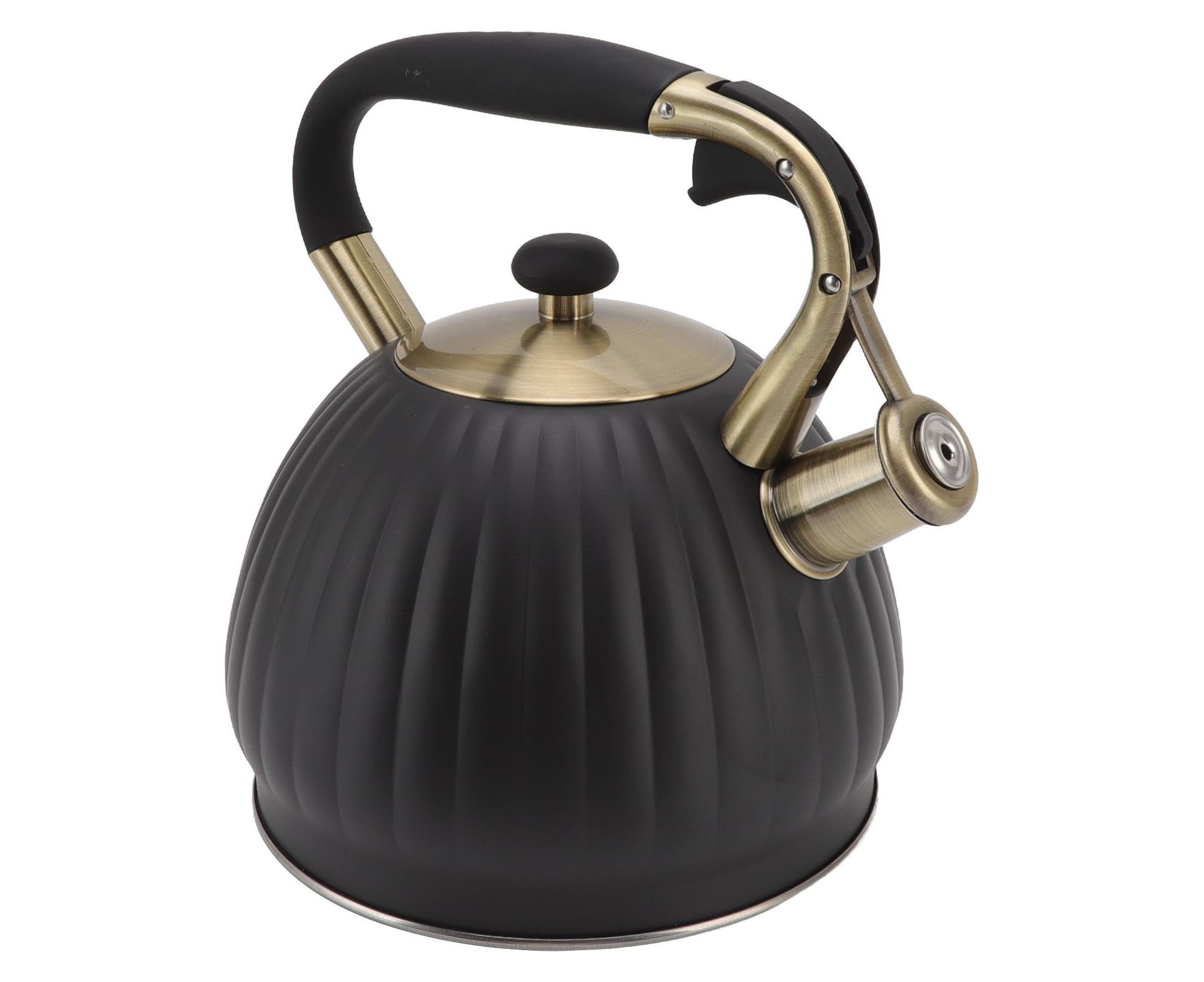3.5L Whistling Tea Kettle, Stainless Steel Pumpkin Shape Tea Pot, Stovetop Teapot, Black - Image 1
