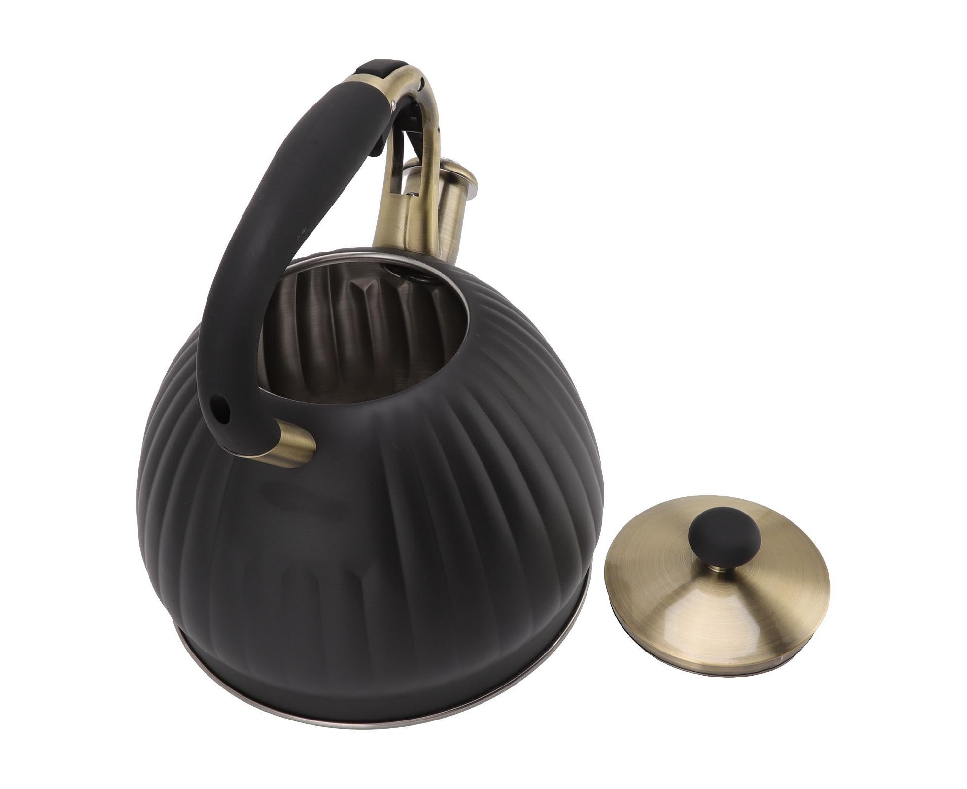 3.5L Whistling Tea Kettle, Stainless Steel Pumpkin Shape Tea Pot, Stovetop Teapot, Black - Image 6