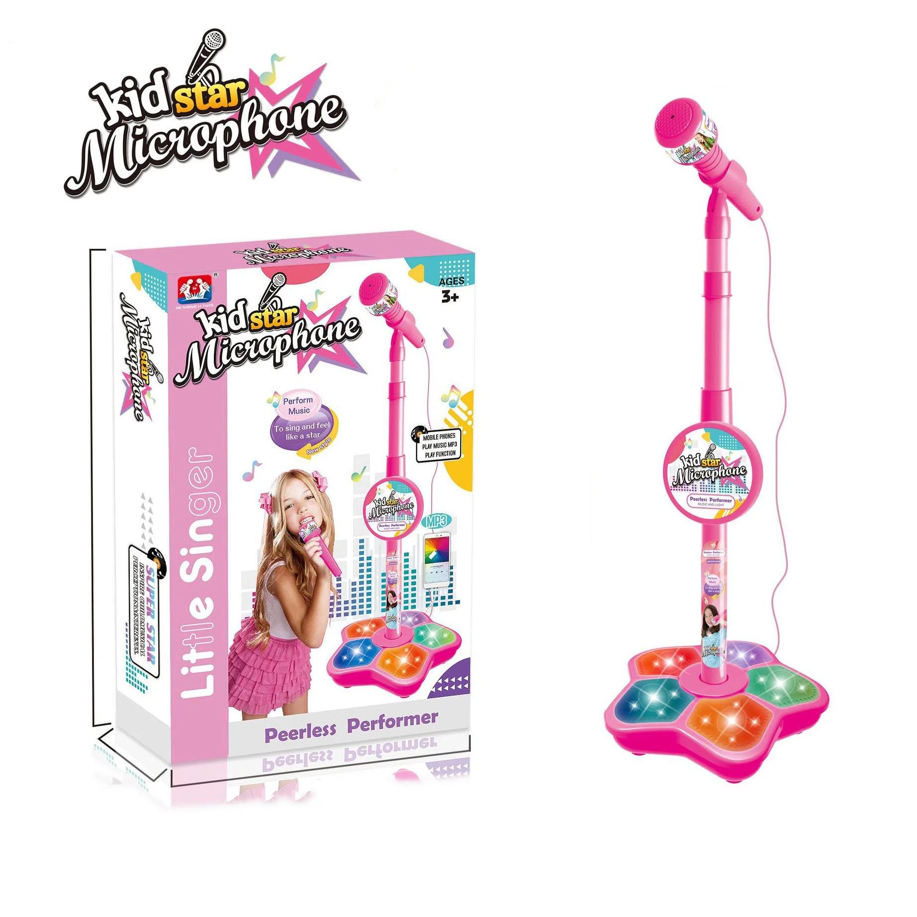 Babies Microphone with Stand, Singing Toys for Girls and Boys with Music and Light, Adjustable Standing Babies Karaoke Machine with Light - Pink - Image 1