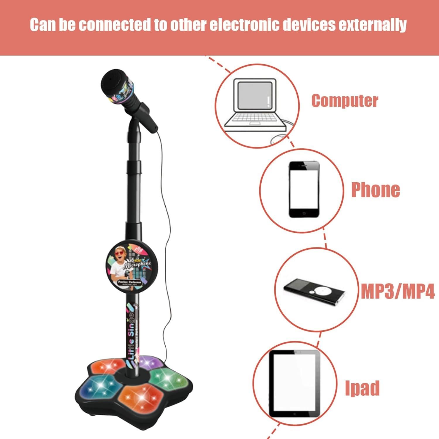 Babies Microphone with Stand, Singing Toys for Girls and Boys with Music and Light, Adjustable Standing Babies Karaoke Machine with Light - Pink - Image 4