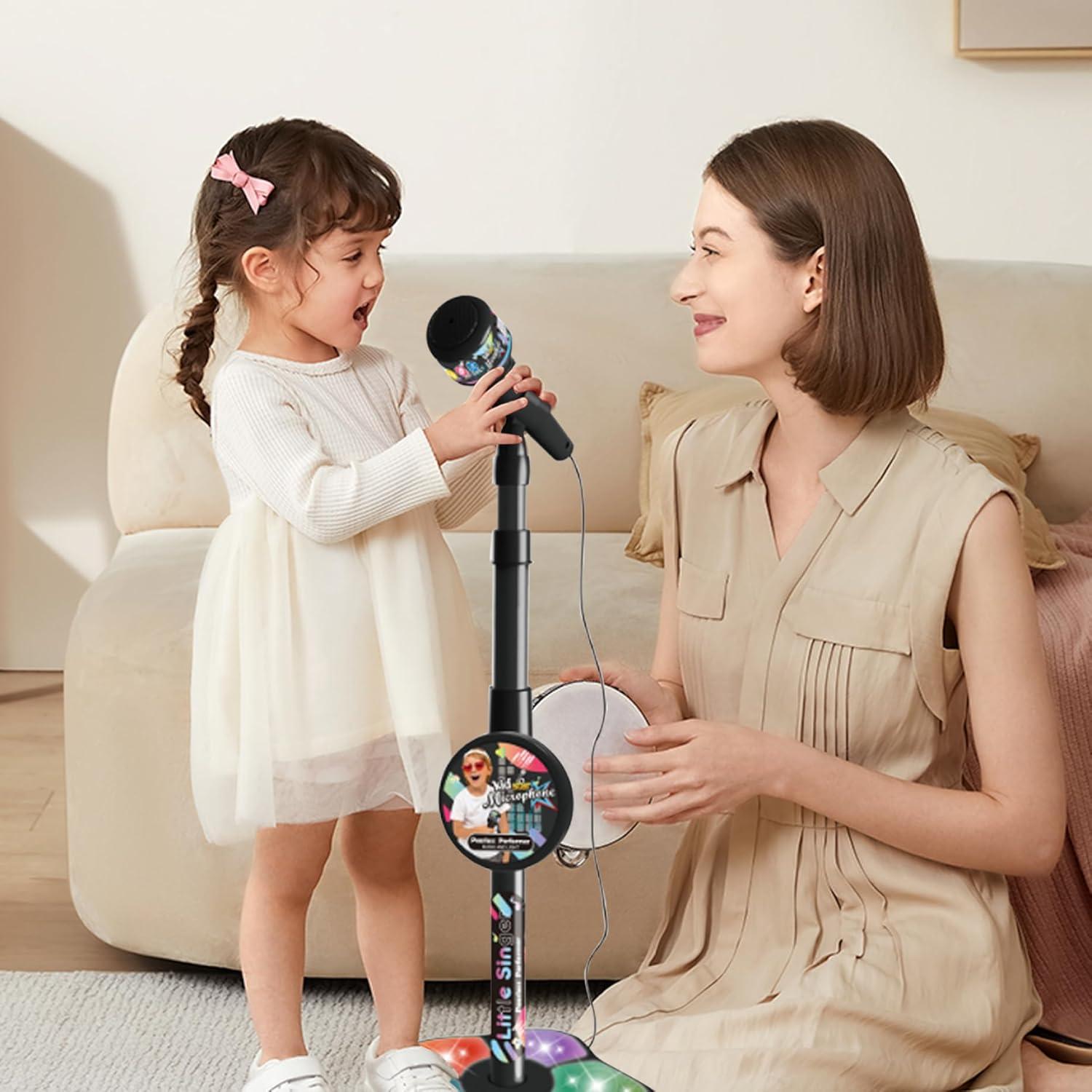 Babies Microphone with Stand, Singing Toys for Girls and Boys with Music and Light, Adjustable Standing Babies Karaoke Machine with Light - Pink - Image 5
