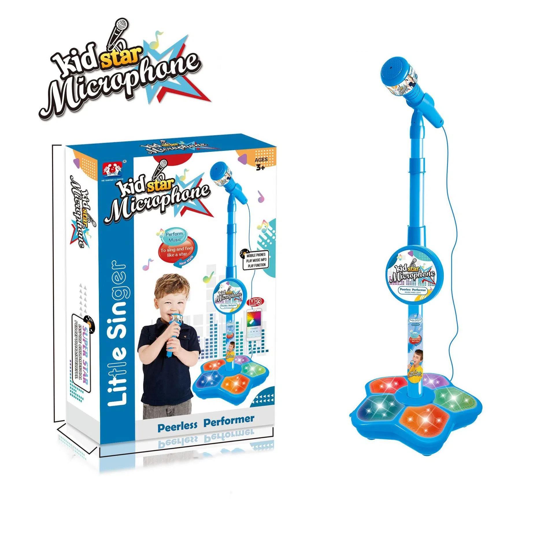 Babies Microphone with Stand, Singing Toys for Girls and Boys with Music and Light, Adjustable Standing Babies Karaoke Machine with Light - Blue - Image 1