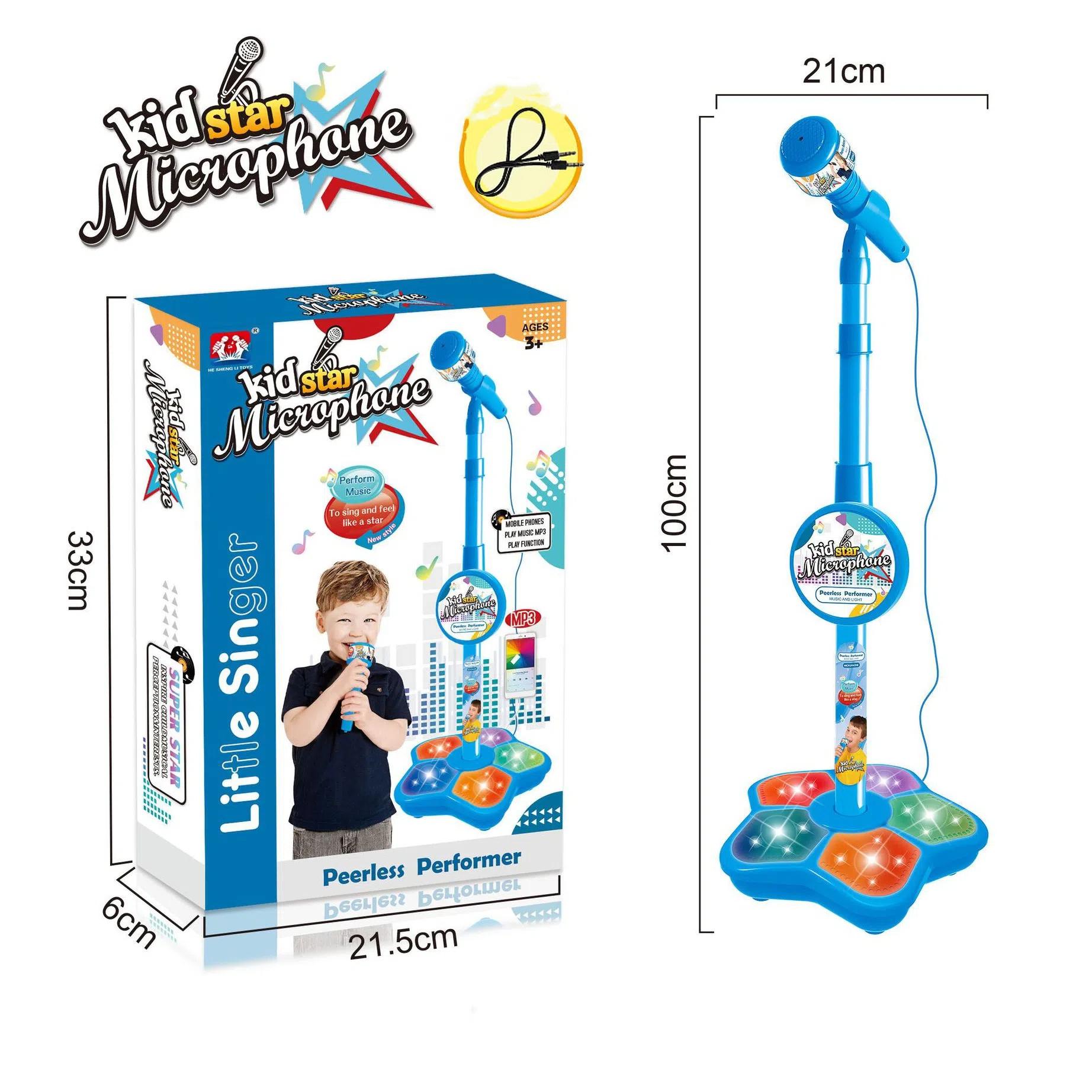 Babies Microphone with Stand, Singing Toys for Girls and Boys with Music and Light, Adjustable Standing Babies Karaoke Machine with Light - Blue - Image 2