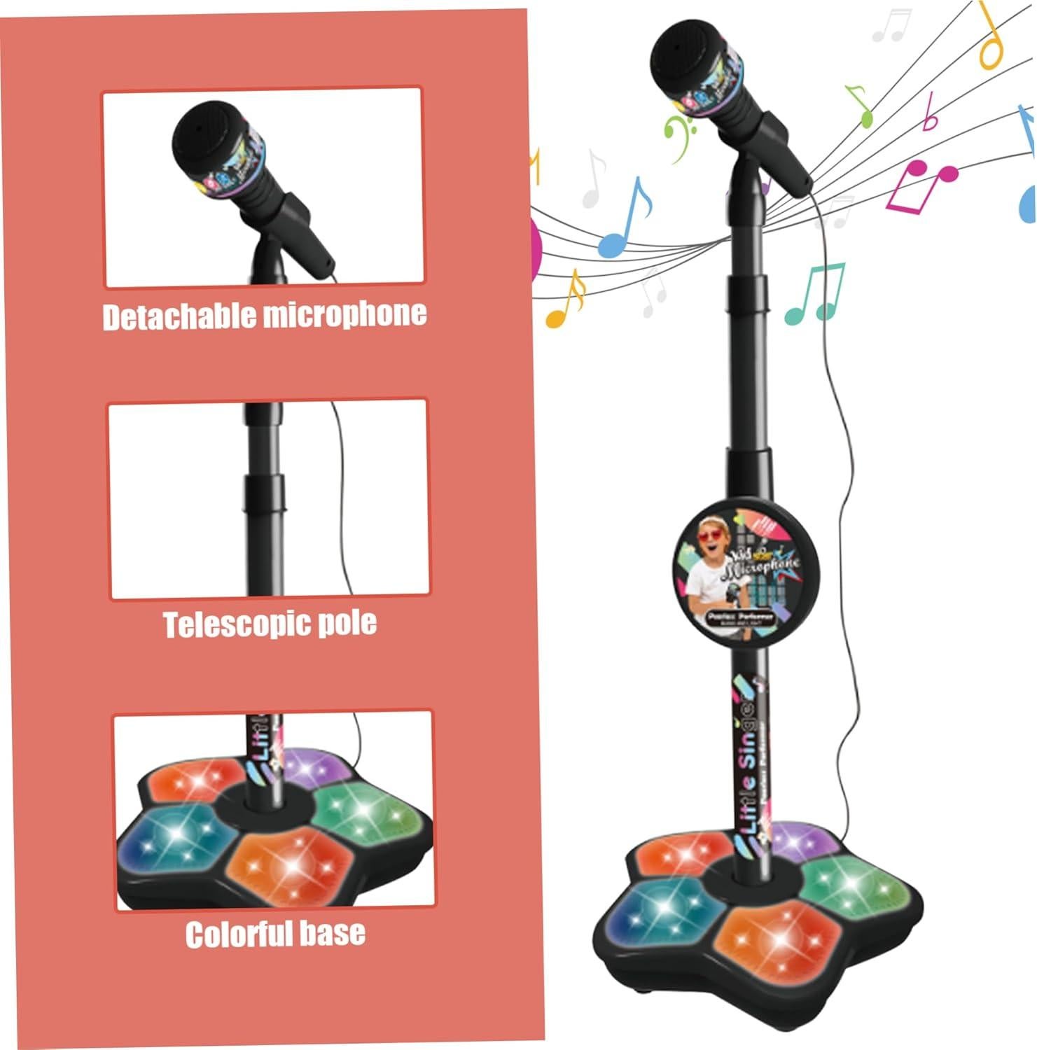 Babies Microphone with Stand, Singing Toys for Girls and Boys with Music and Light, Adjustable Standing Babies Karaoke Machine with Light - Blue - Image 6