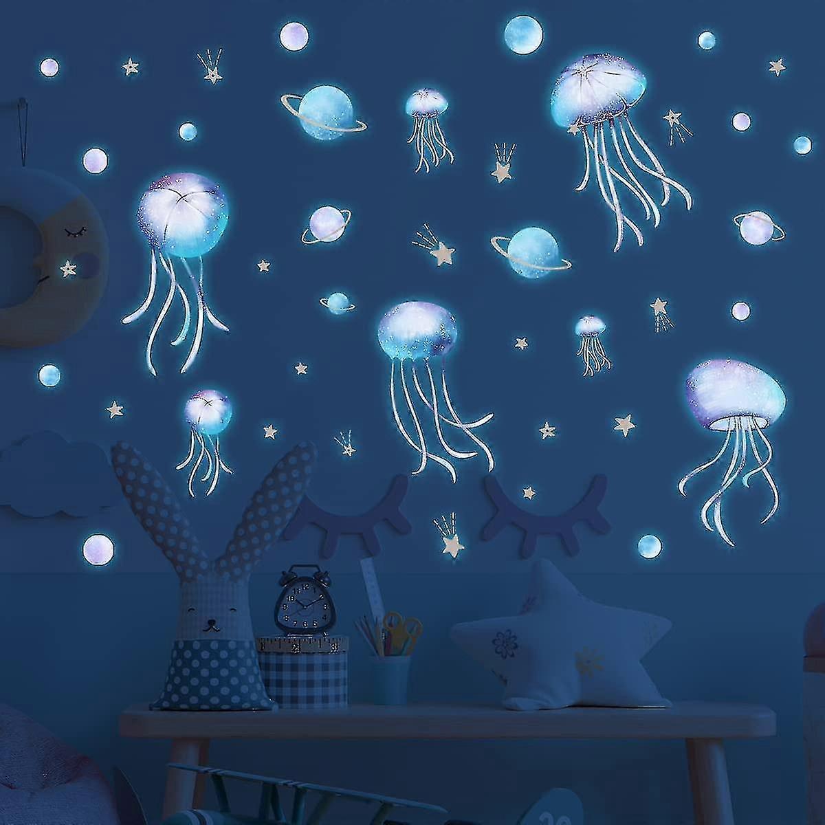 Yomaido Glow In The Dark Stickers, 4 Pcs Wall Stickers For babies Room, Luminous Jellyfish And Stars Stickers, Glow In The Dark Stars Ceiling - Image 1