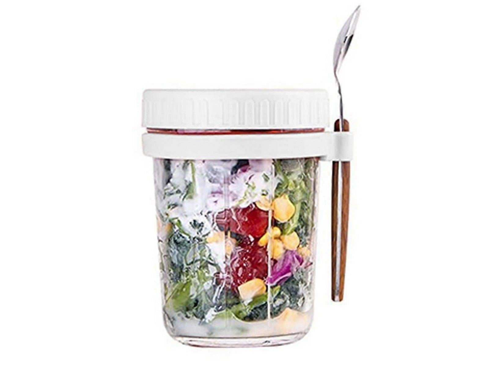 1pc 350ml Glass Oats Container with Lid & Spoon Salad Jar Cup White - Image 2