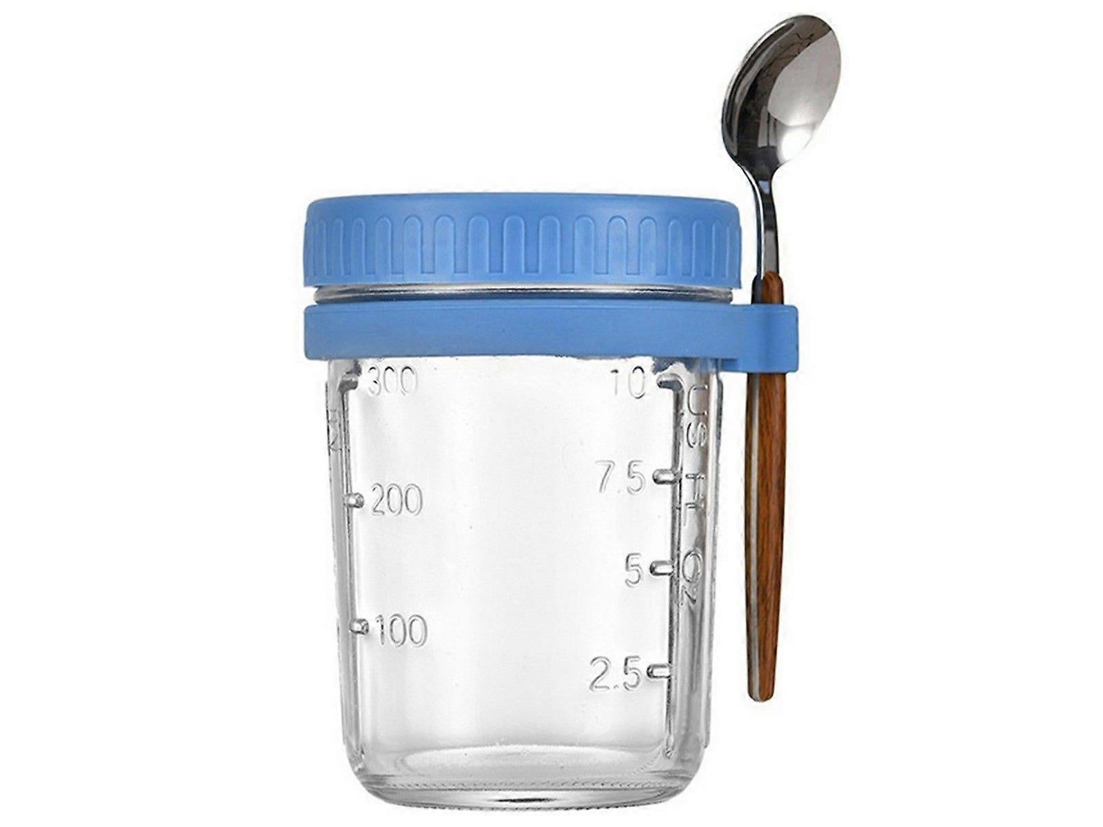 1pc 350ml Glass Oats Container with Lid & Spoon Salad Jar Cup Blue - Image 1
