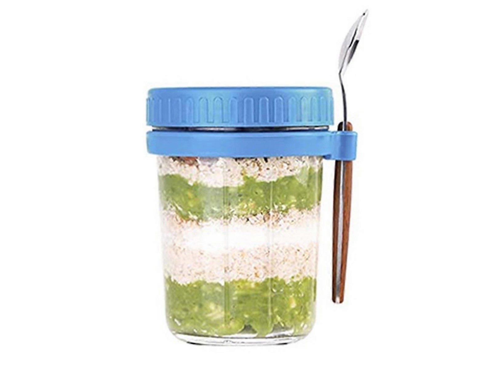 1pc 350ml Glass Oats Container with Lid & Spoon Salad Jar Cup Blue - Image 2