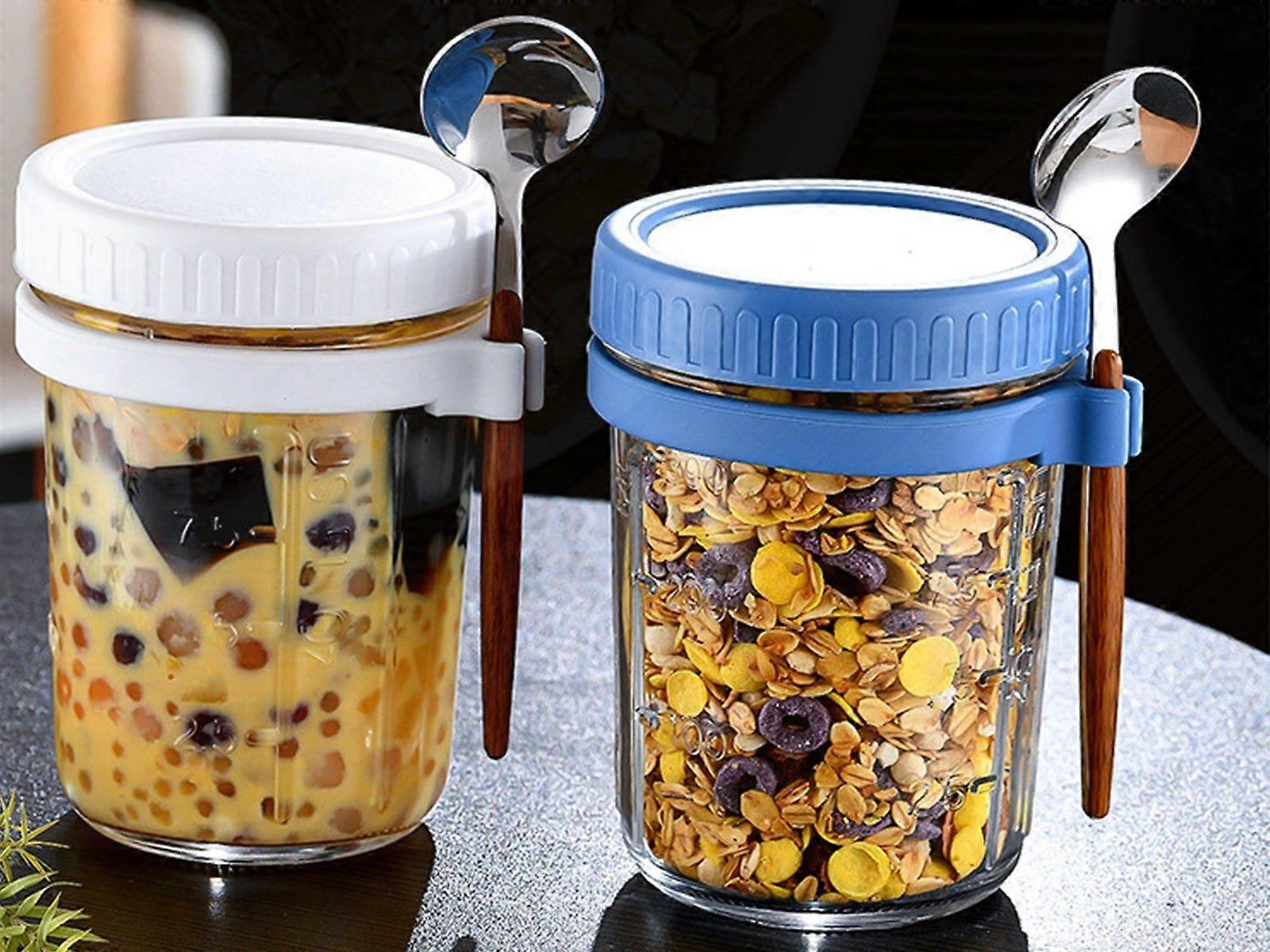 1pc 350ml Glass Oats Container with Lid & Spoon Salad Jar Cup Blue - Image 3