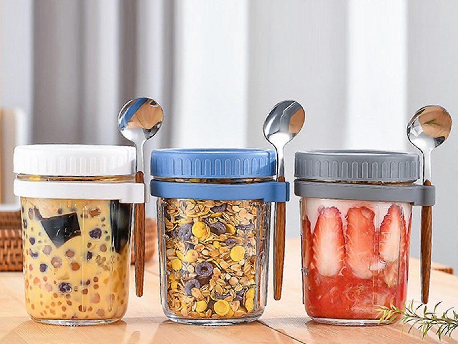 1pc 350ml Glass Oats Container with Lid & Spoon Salad Jar Cup Blue - Image 4