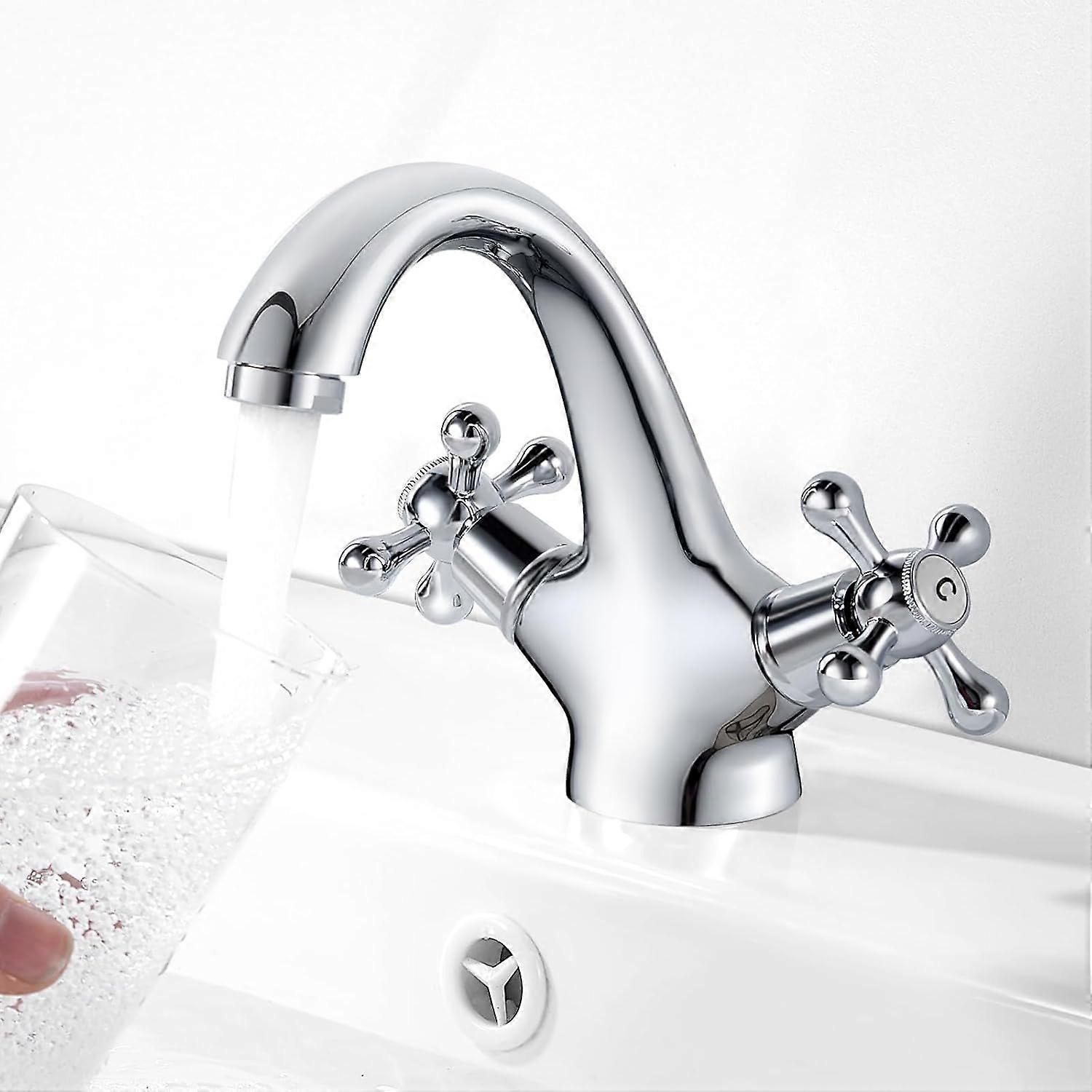 pcs Retro Basin Faucet, Double Handle Basin Mixer Tap, Bathroom Sink Faucet, Lavatory Faucet with Hot and Cold Water Available, Chrome - Image 2