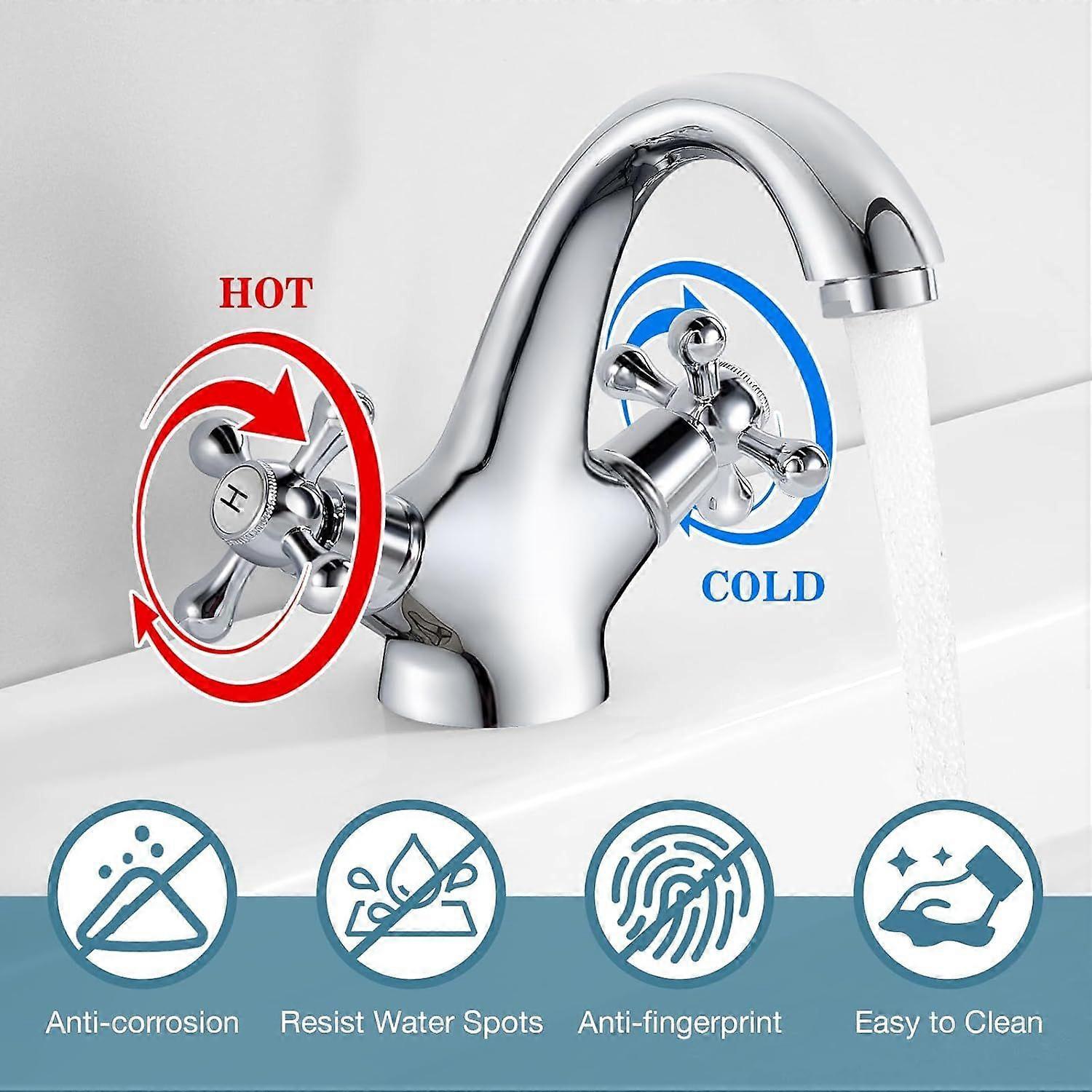 pcs Retro Basin Faucet, Double Handle Basin Mixer Tap, Bathroom Sink Faucet, Lavatory Faucet with Hot and Cold Water Available, Chrome - Image 3