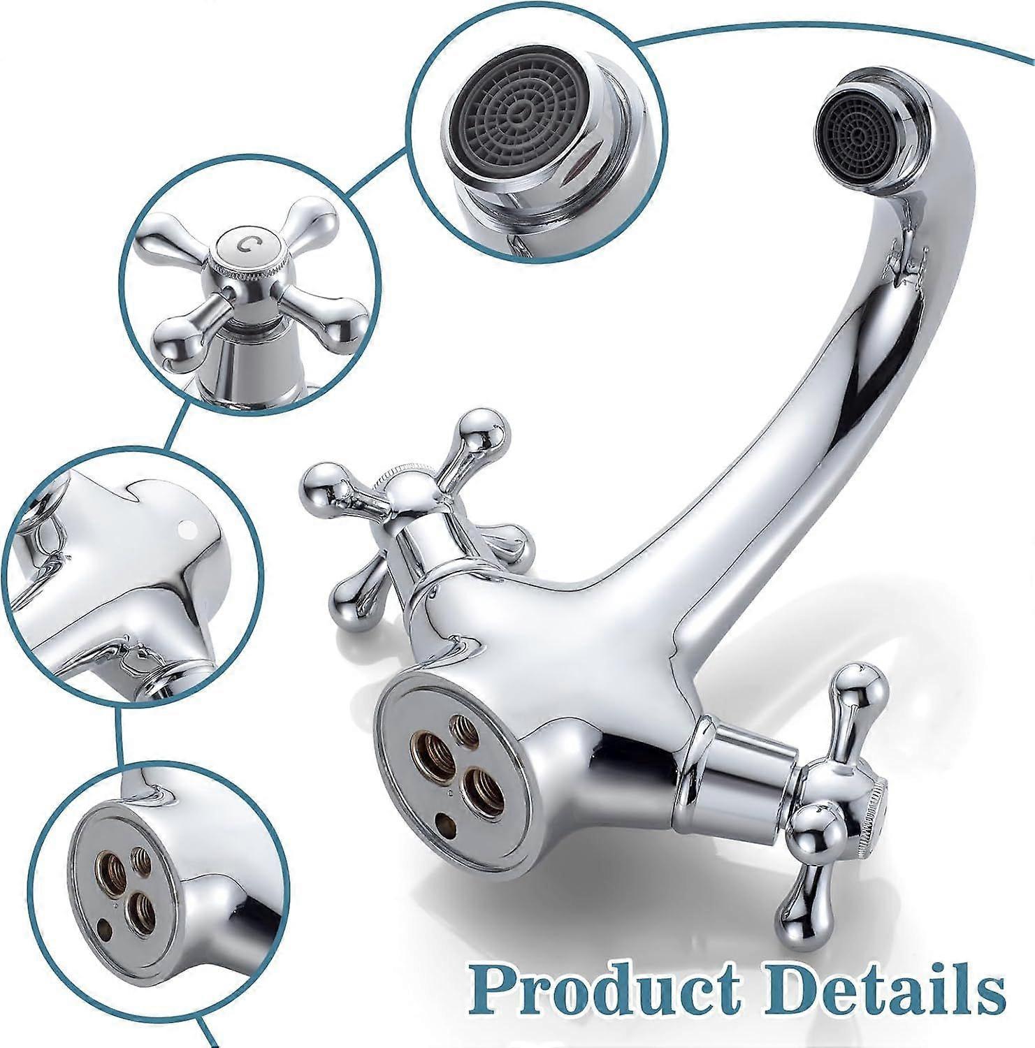 pcs Retro Basin Faucet, Double Handle Basin Mixer Tap, Bathroom Sink Faucet, Lavatory Faucet with Hot and Cold Water Available, Chrome - Image 4