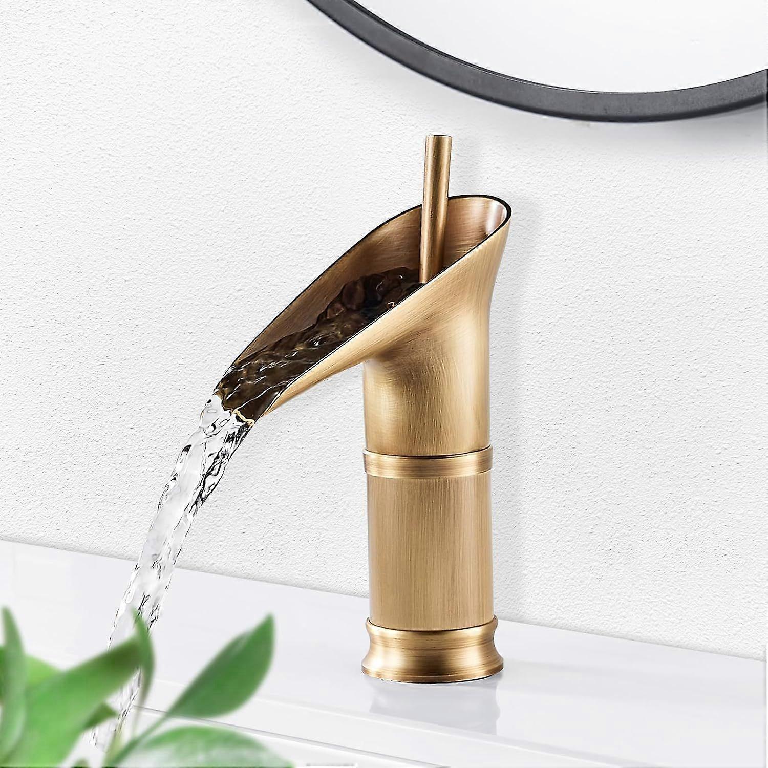 1Pcs Retro Brass Waterfall Bathroom Faucet, Waterfall Basin Faucet, Antique Bathroom Mixer Tap, Hot and Cold Water Hand Wash Faucet - Image 1