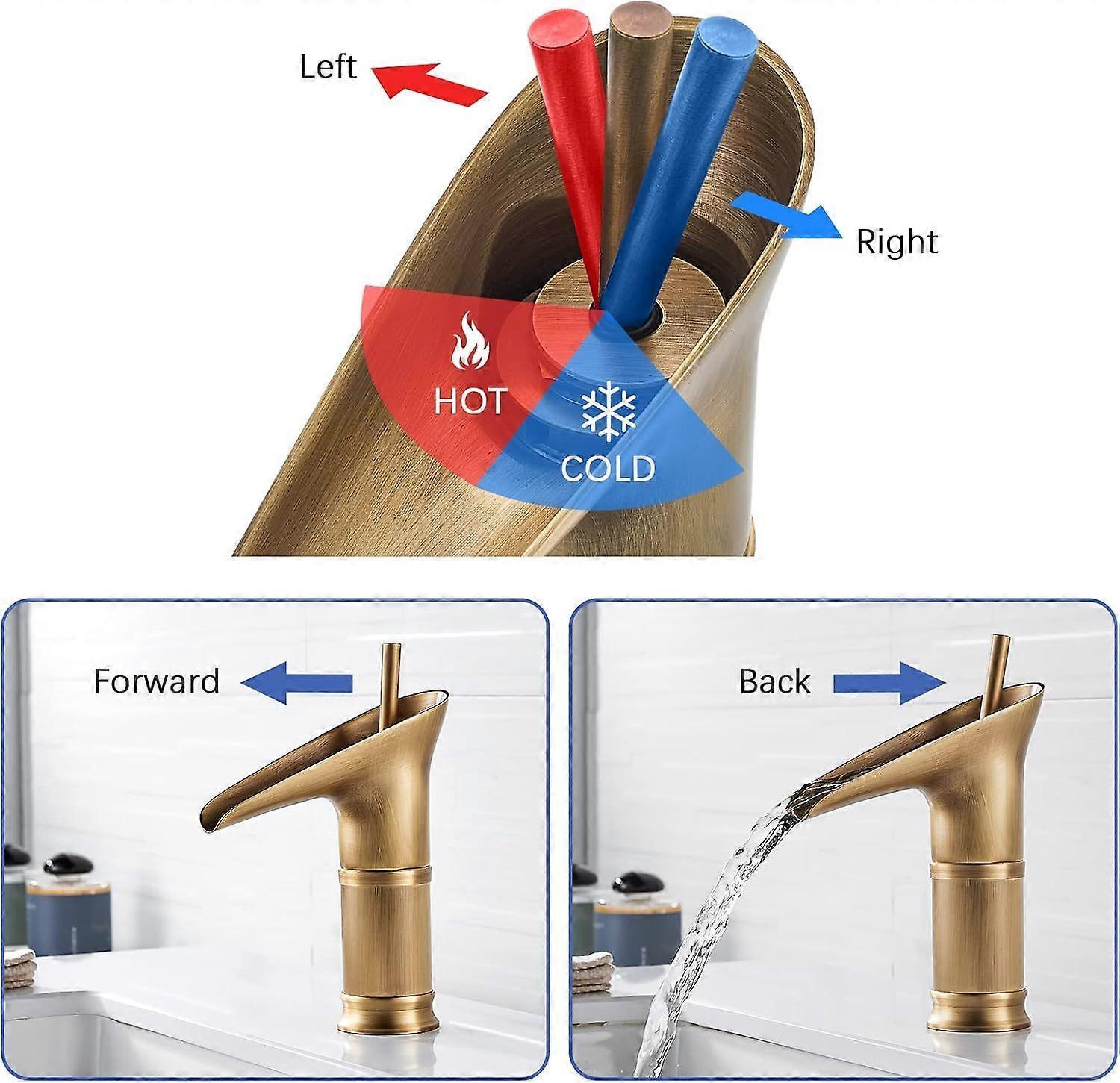 1Pcs Retro Brass Waterfall Bathroom Faucet, Waterfall Basin Faucet, Antique Bathroom Mixer Tap, Hot and Cold Water Hand Wash Faucet - Image 2