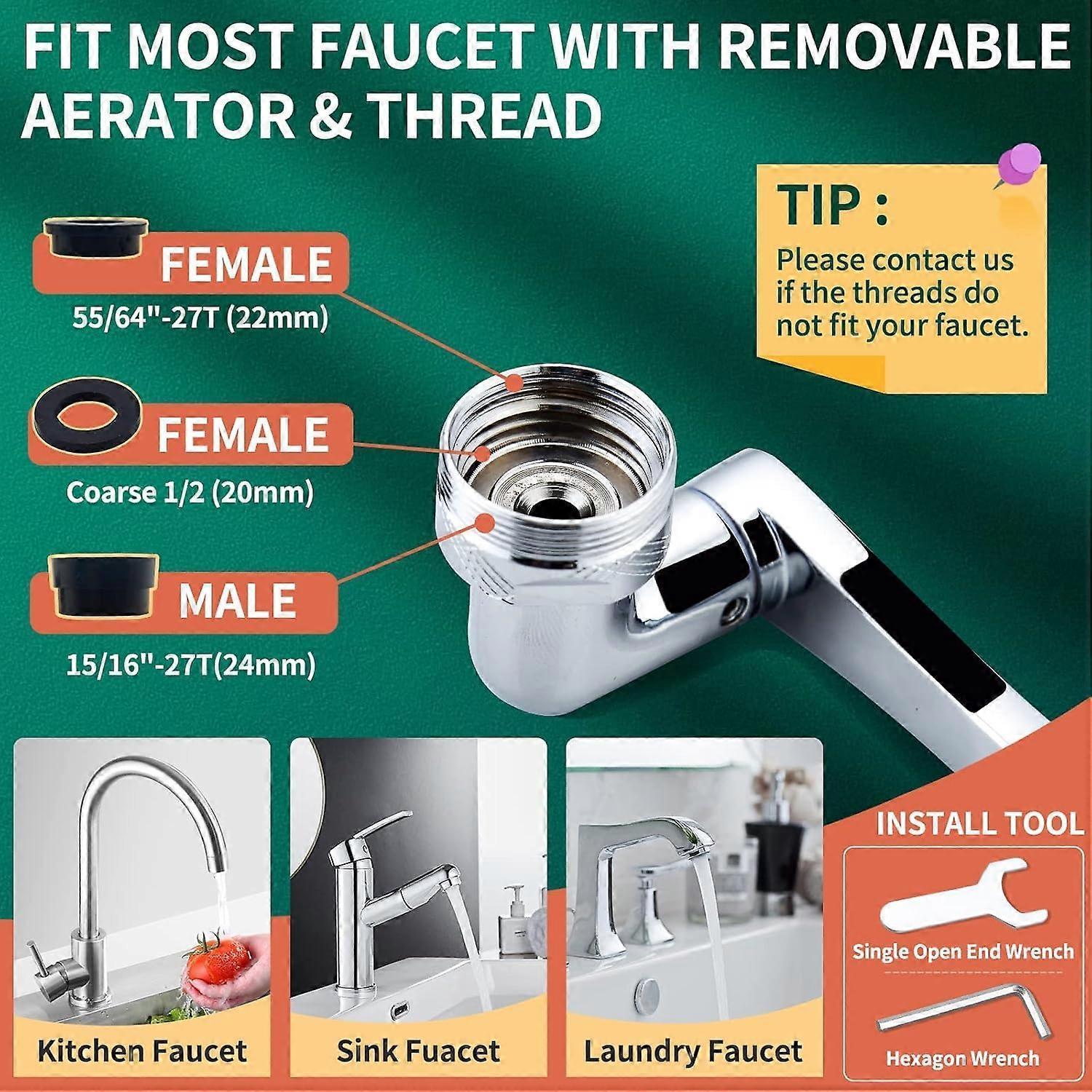 Swivel Faucet-Extender Sink-Aerator - 2 Mode Splash Water Filter Extension, Kitchen Bathroom 360 Rotatable Spray Attachment, Multifunctional Universal - Image 4