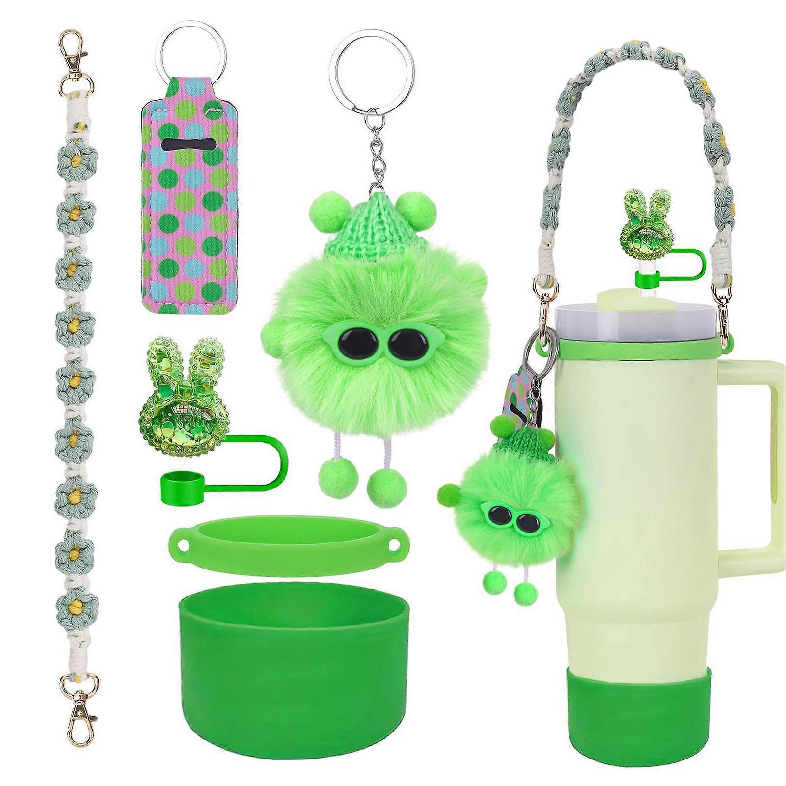 6pcs Cute Accessories Set for 20/30/40oz Tumbler Stanley Cup, Water Bottle Handle Strap, Siliocne Straw Cover and Plush Charms for Girls - Image 1