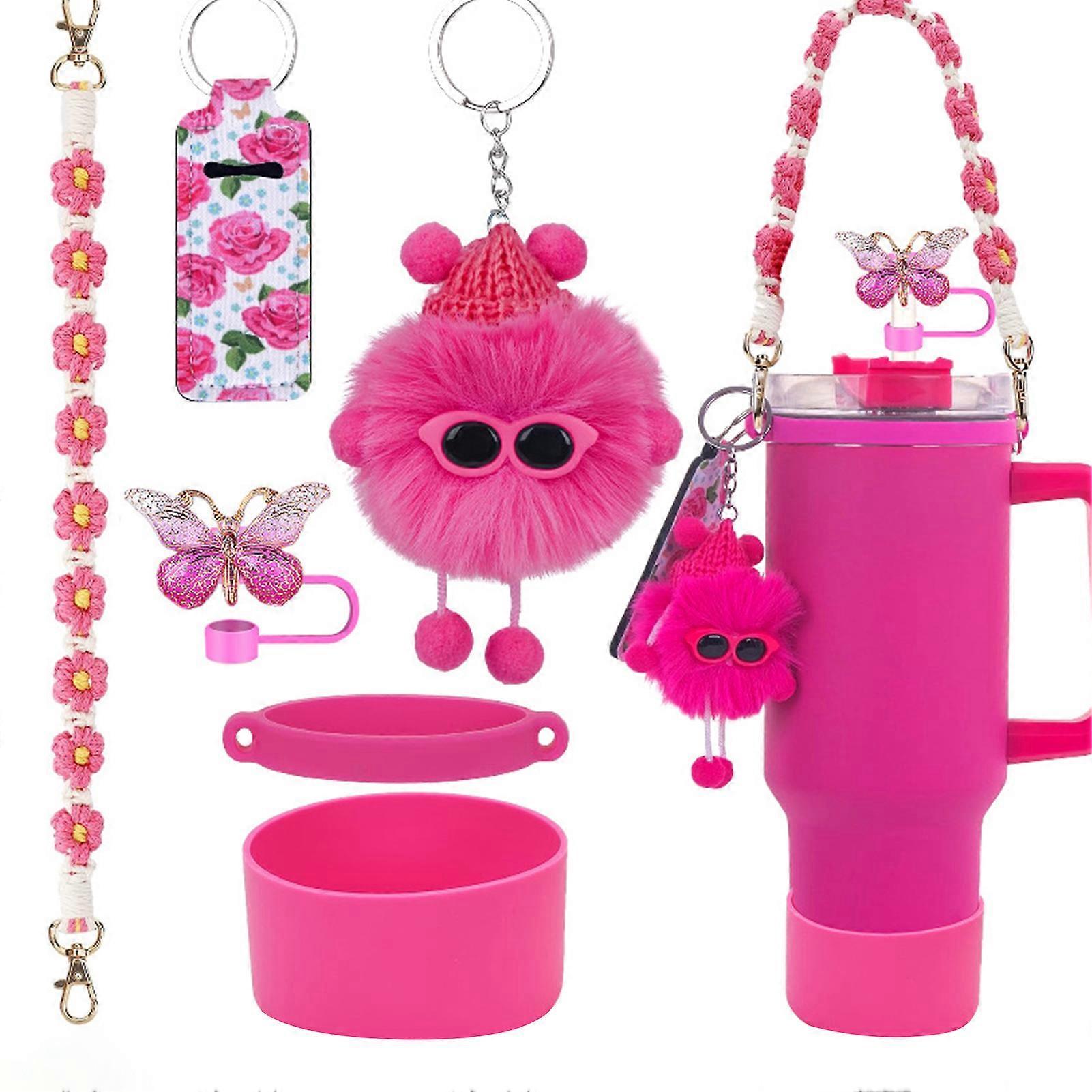 6pcs Cute Accessories Set for 20/30/40oz Tumbler Stanley Cup, Water Bottle Handle Strap, Siliocne Straw Cover and Plush Charms for Girls - Image 1