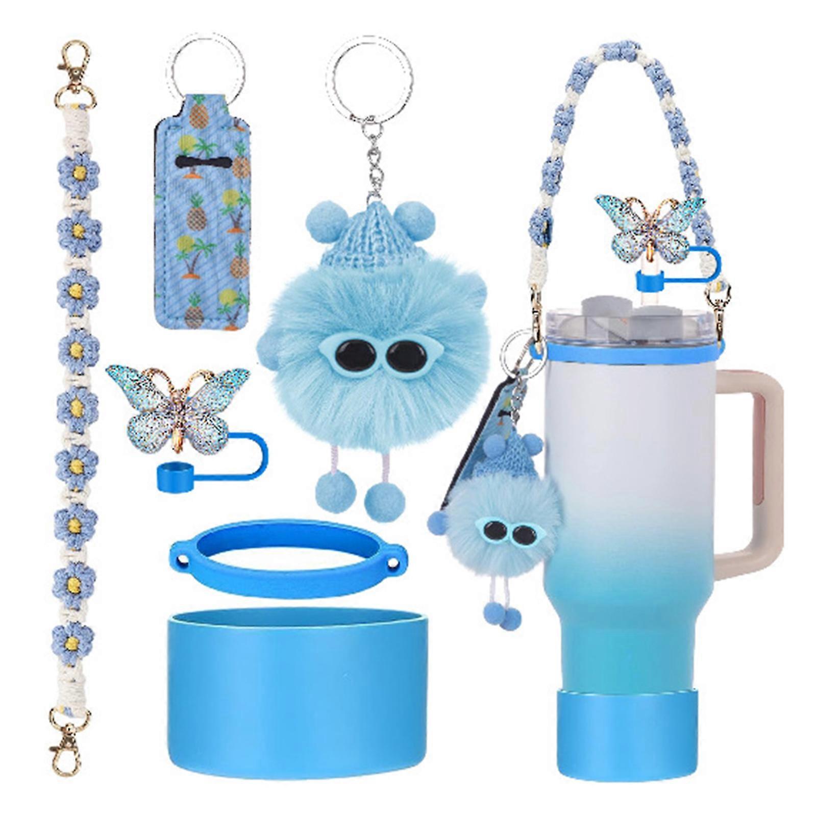 6pcs Cute Accessories Set for 20/30/40oz Tumbler Stanley Cup, Water Bottle Handle Strap, Siliocne Straw Cover and Plush Charms for Girls - Image 1
