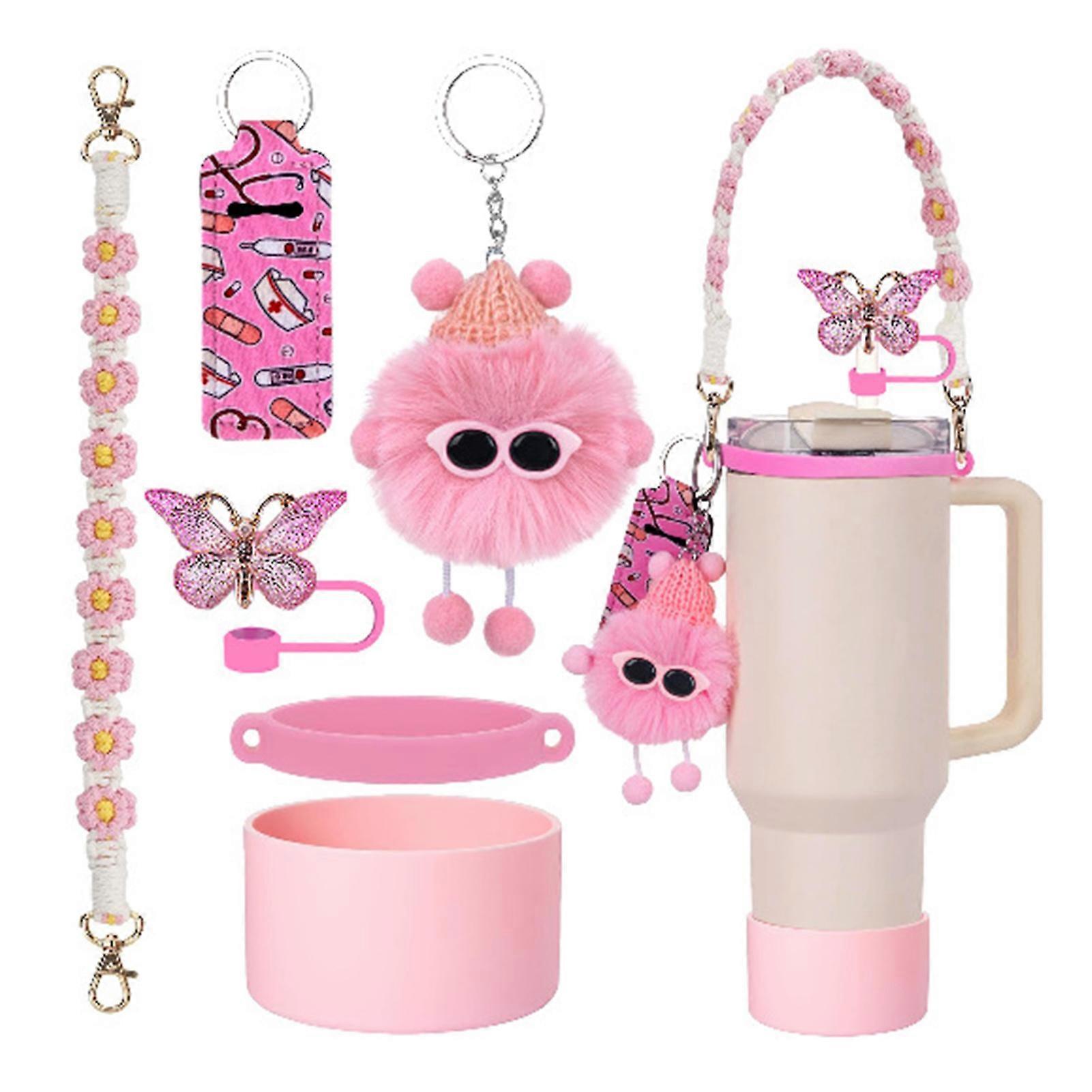 6pcs Cute Accessories Set for 20/30/40oz Tumbler Stanley Cup, Water Bottle Handle Strap, Siliocne Straw Cover and Plush Charms for Girls - Image 1
