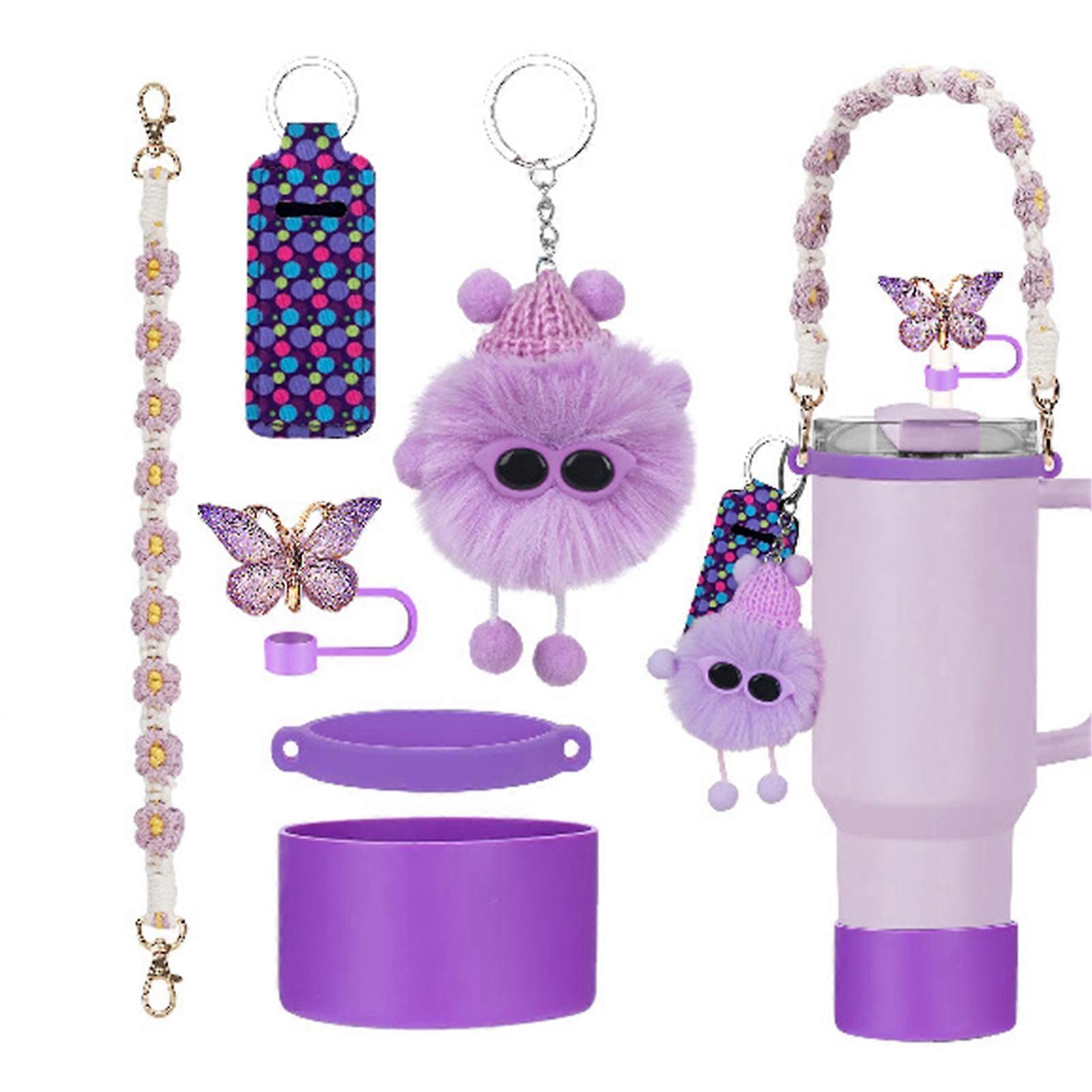 6pcs Cute Accessories Set for 20/30/40oz Tumbler Stanley Cup, Water Bottle Handle Strap, Siliocne Straw Cover and Plush Charms for Girls - Image 1