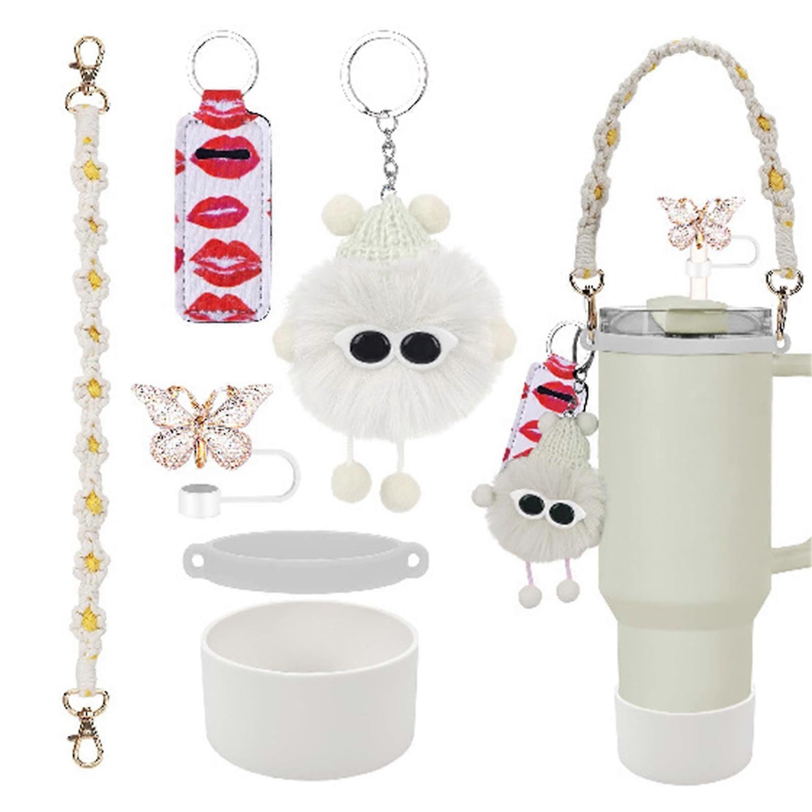 6pcs Cute Accessories Set for 20/30/40oz Tumbler Stanley Cup, Water Bottle Handle Strap, Siliocne Straw Cover and Plush Charms for Girls - Image 1