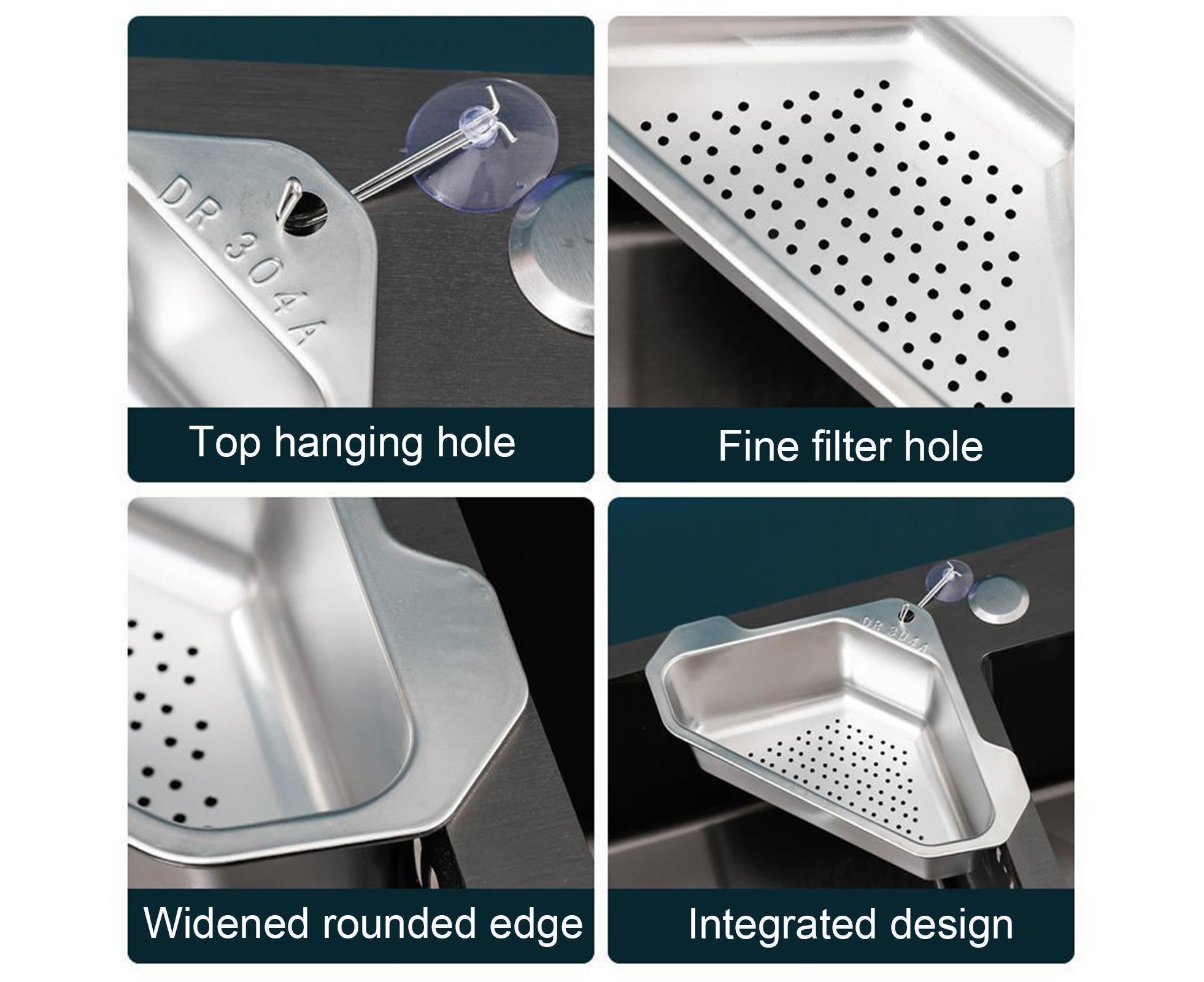 Drain Basket with Hook Triangular Stainless Steel Rinsing Strainer-Stainless Steel - Image 7