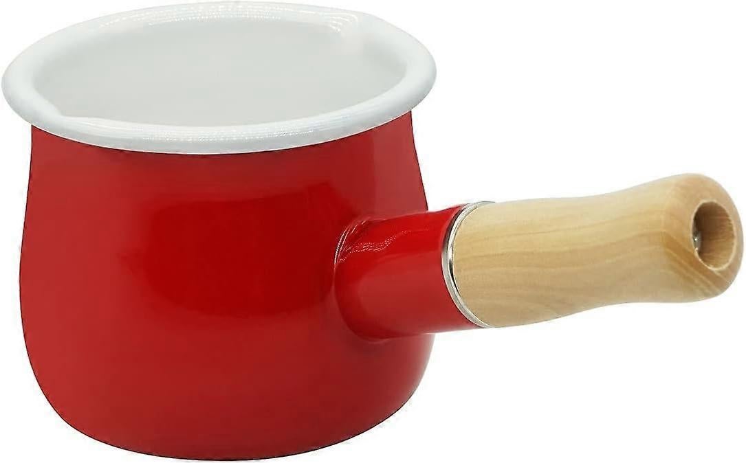 Non-Stick Enamel Milk Pan with Wooden Handle - Red - Image 1