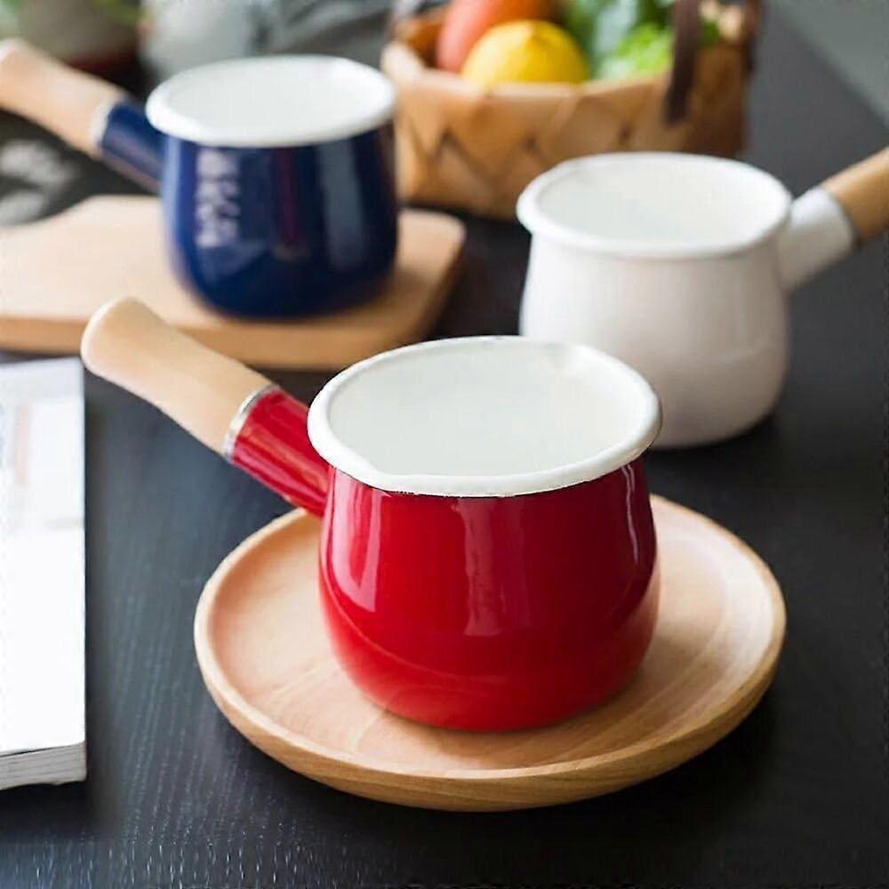 Non-Stick Enamel Milk Pan with Wooden Handle - Red - Image 2