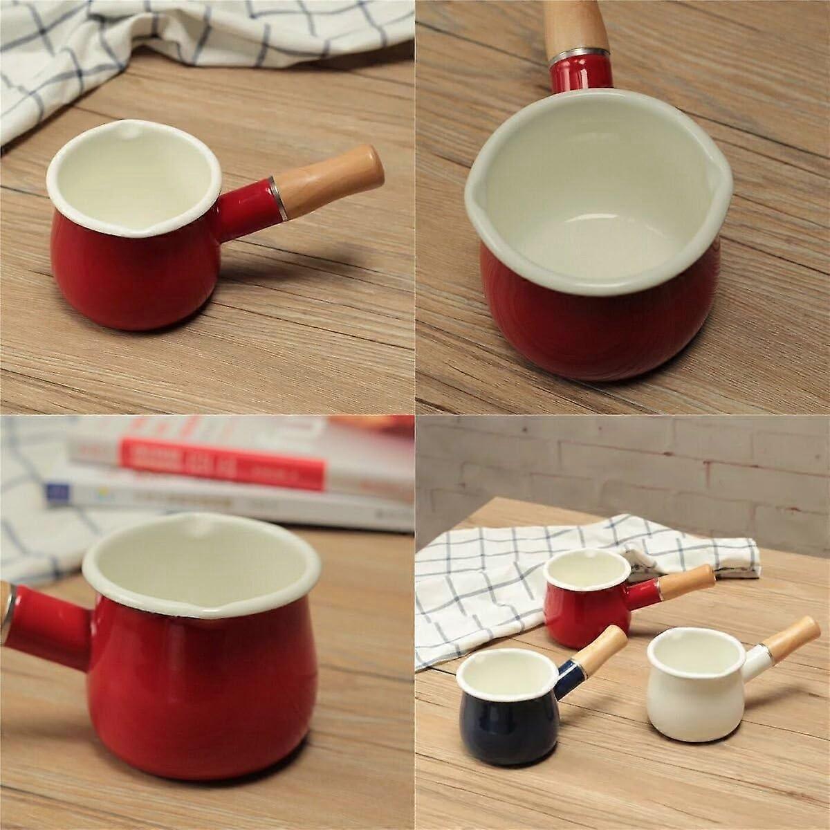 Non-Stick Enamel Milk Pan with Wooden Handle - Red - Image 3