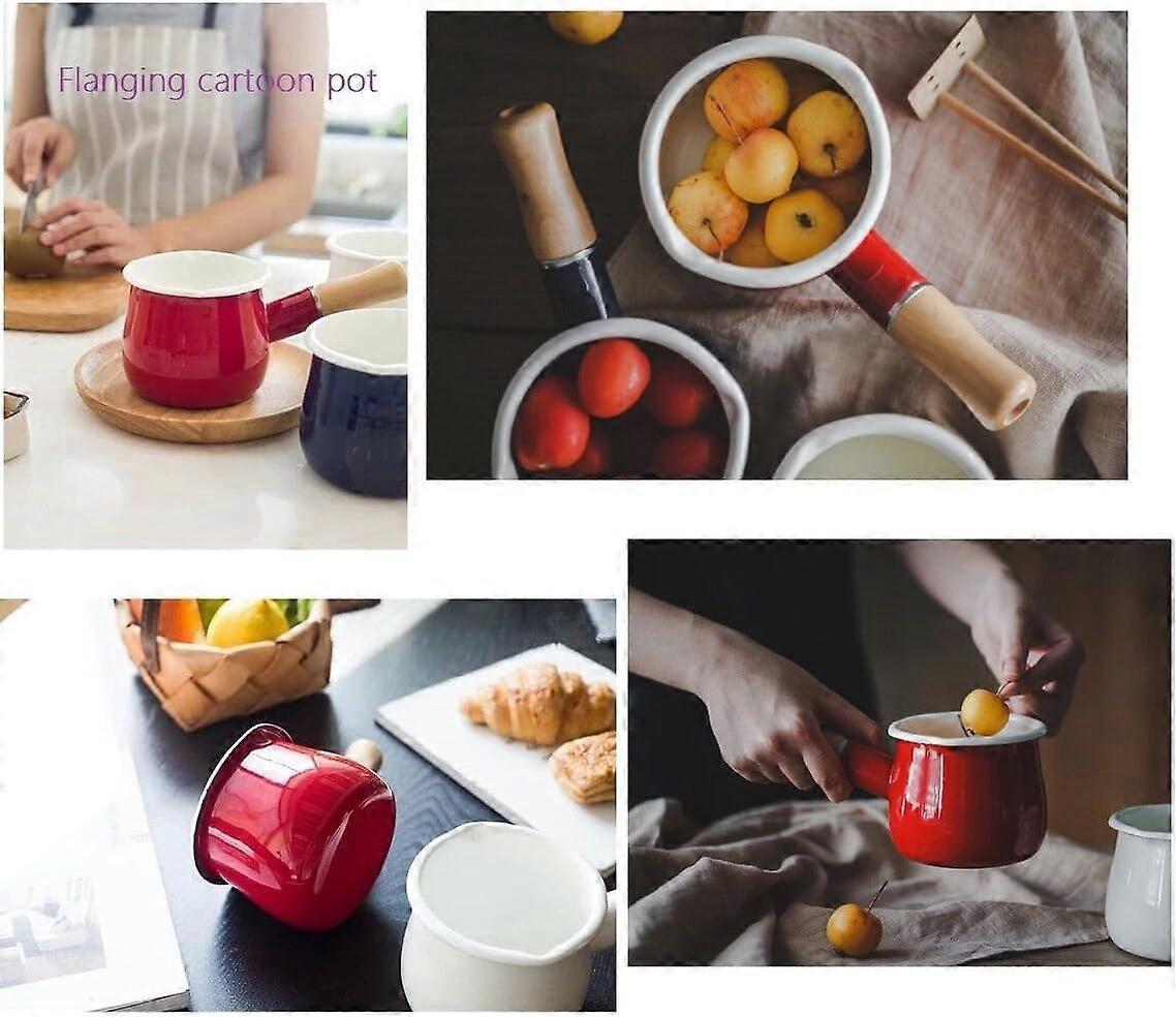 Non-Stick Enamel Milk Pan with Wooden Handle - Red - Image 4