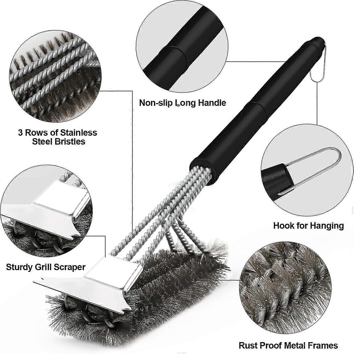3-In-1 BBQ Grill Brush with Stainless Steel Bristles & Scraper - 45cm - Image 2