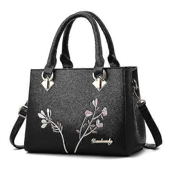Flower Embroidery Women's Shoulder Bag PU Leather Tote - Image 1