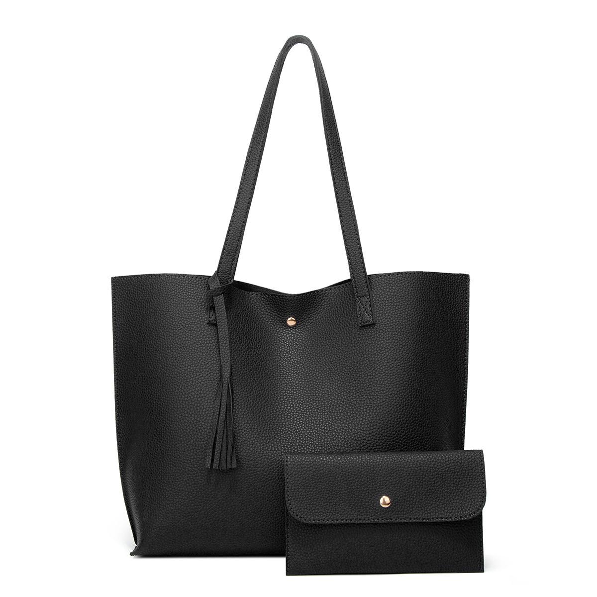 Large Women's PU Leather Handbag College Laptop Tote 2-Piece Set - Black - Image 1