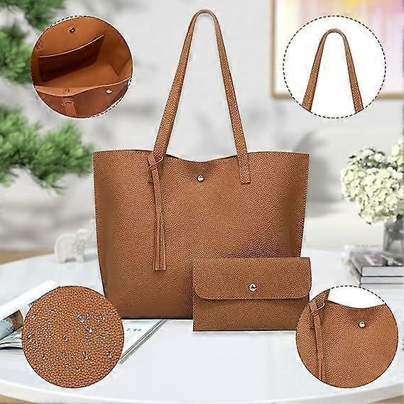 Large Women's PU Leather Handbag College Laptop Tote 2-Piece Set - Black - Image 2