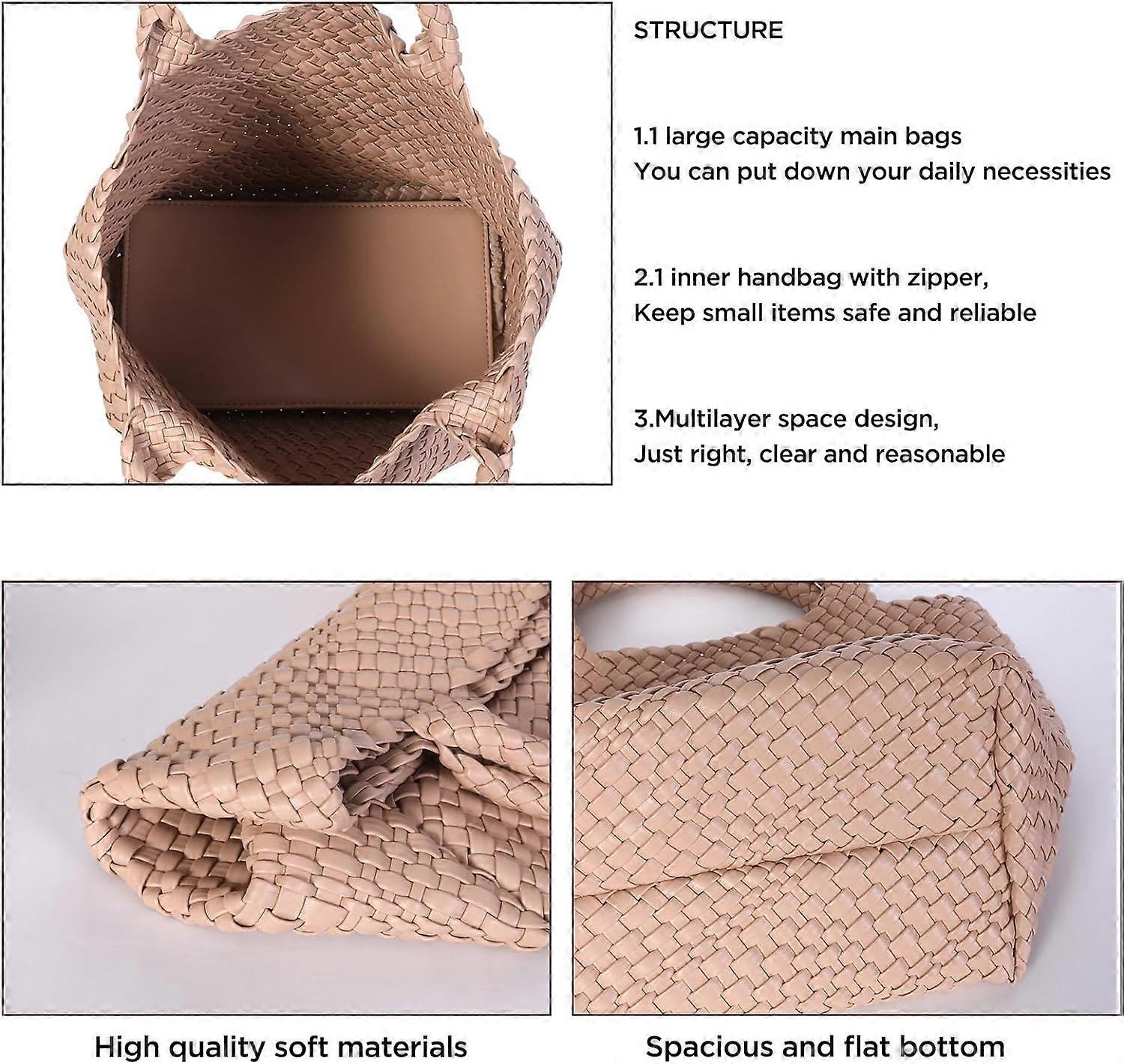 Woven Tote Bag for Women Soft Leather Handbag with Pocket - Image 3