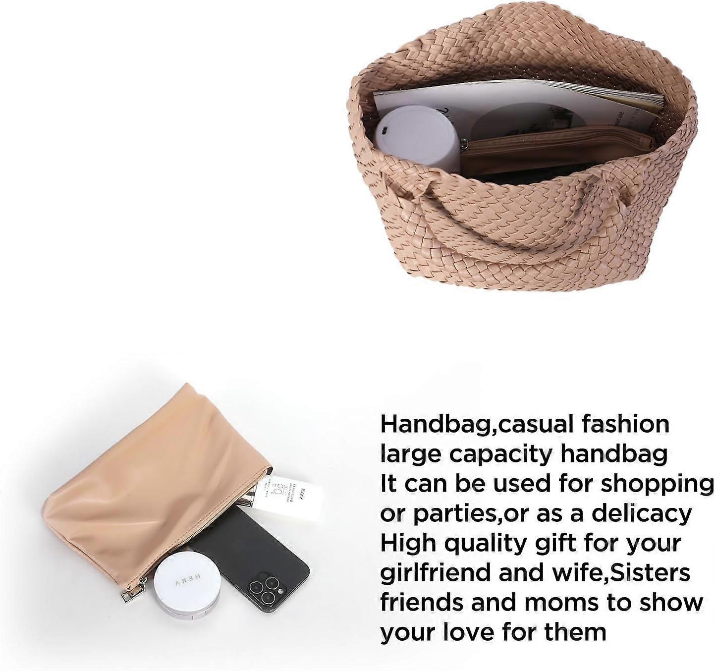 Woven Tote Bag for Women Soft Leather Handbag with Pocket - Image 4