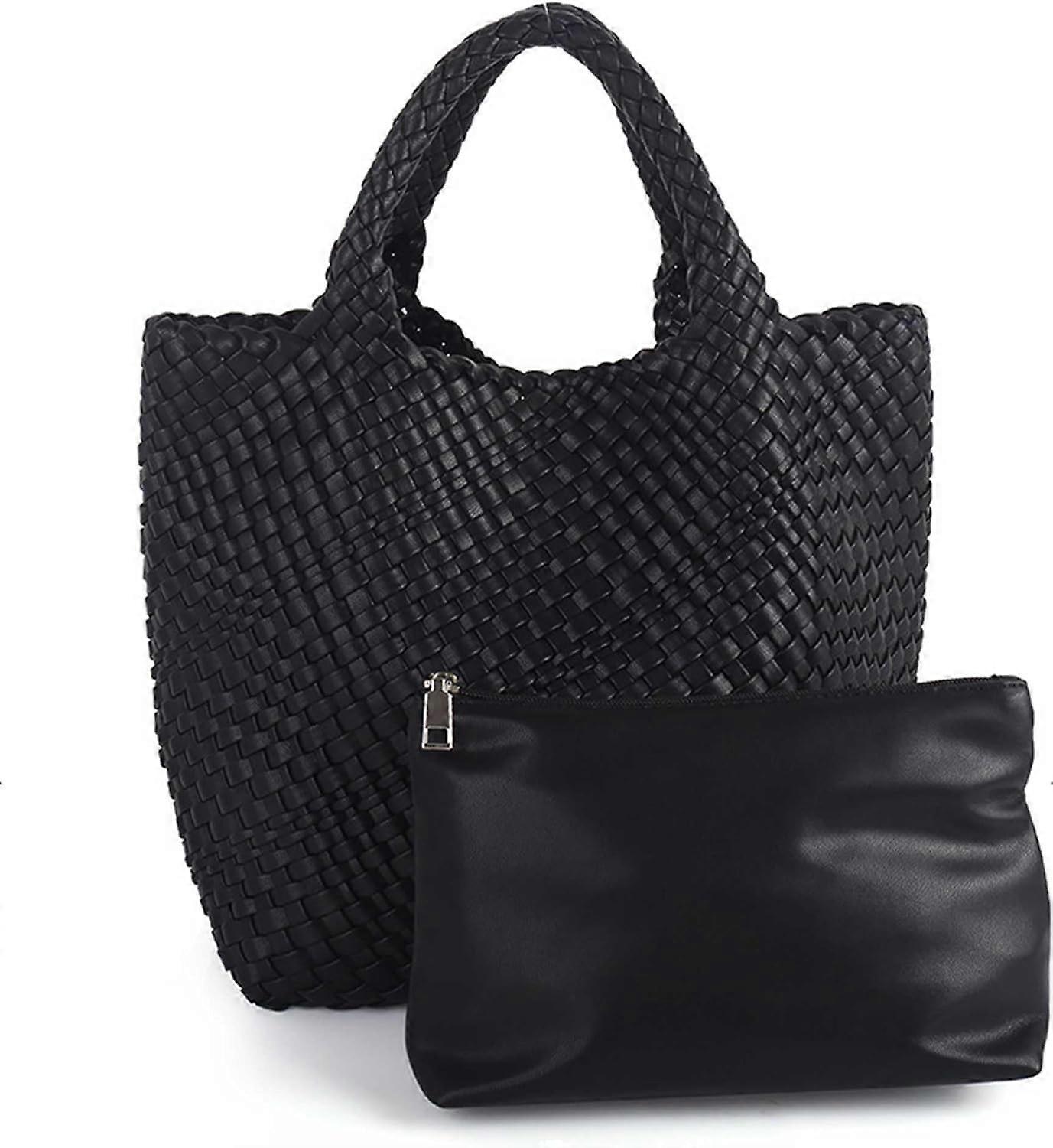 Woven Tote Bag for Women Soft Leather Handbag with Pocket - Image 1