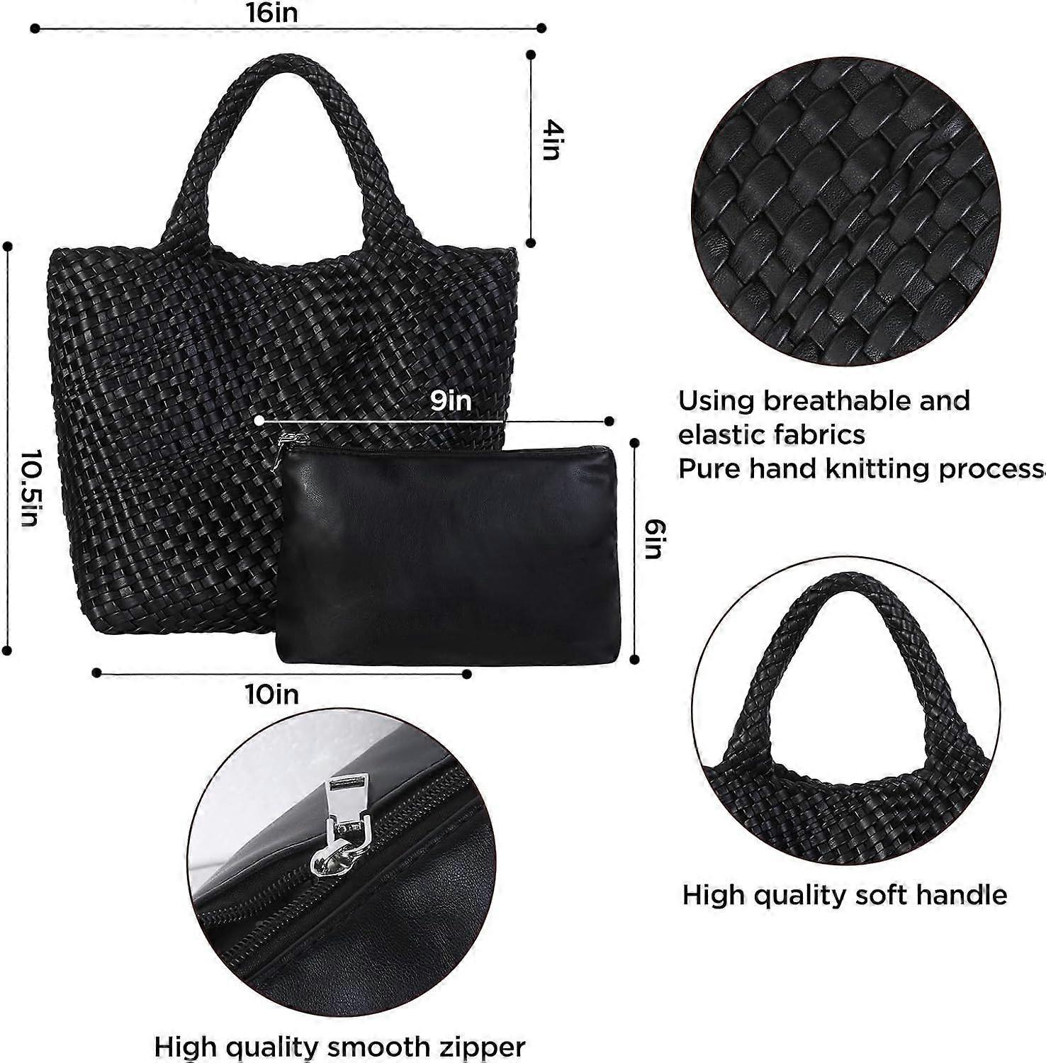 Woven Tote Bag for Women Soft Leather Handbag with Pocket - Image 2