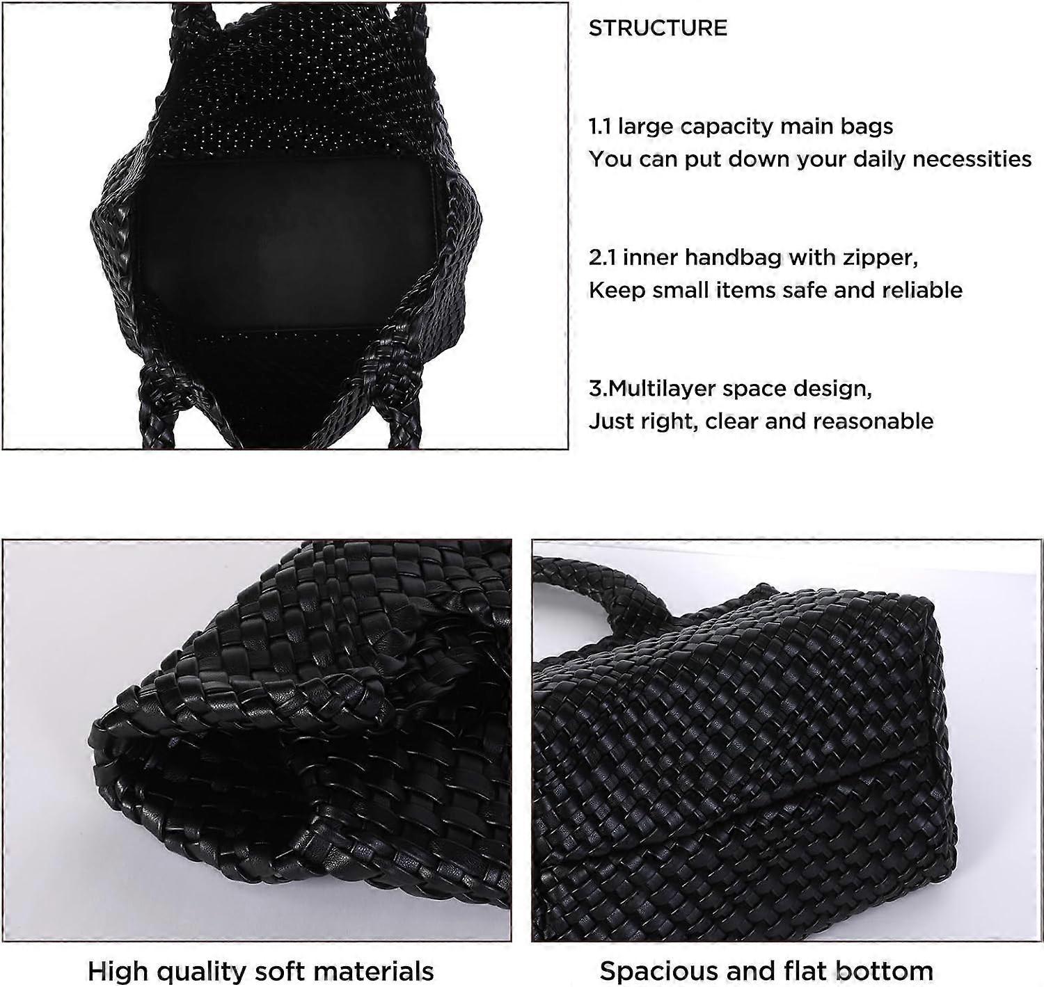 Woven Tote Bag for Women Soft Leather Handbag with Pocket - Image 4