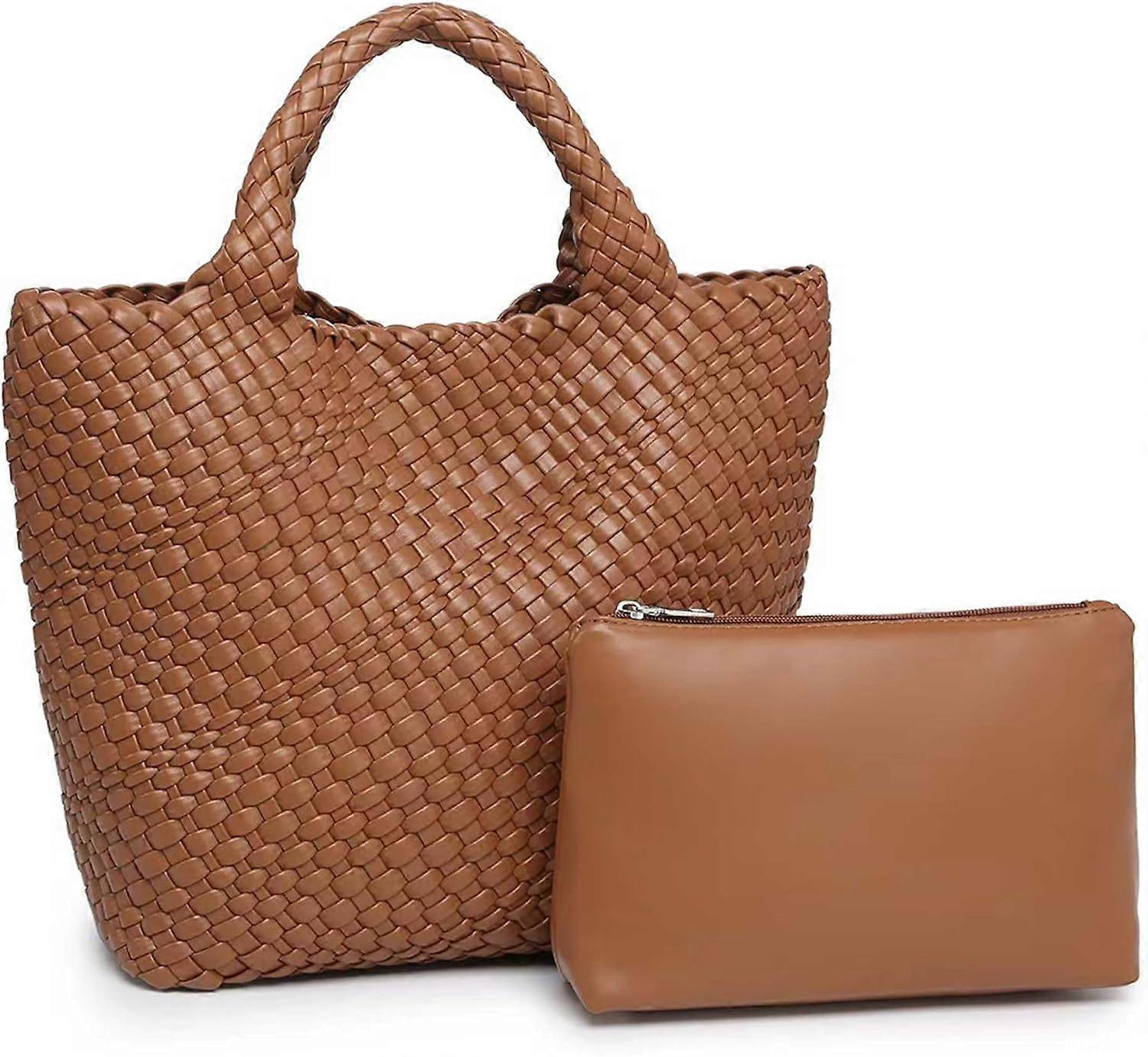 Woven Tote Bag for Women Soft Leather Handbag with Pocket - Image 1