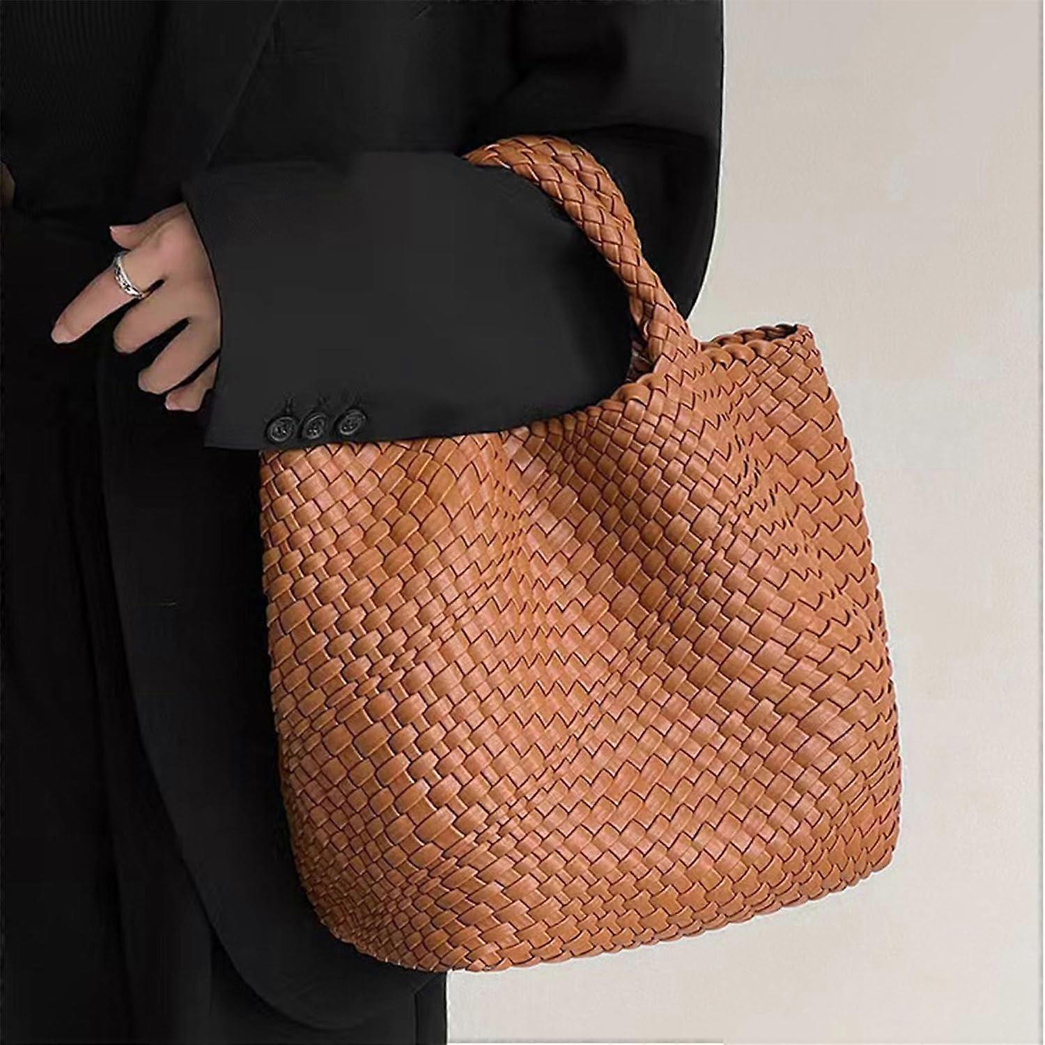 Woven Tote Bag for Women Soft Leather Handbag with Pocket - Image 4