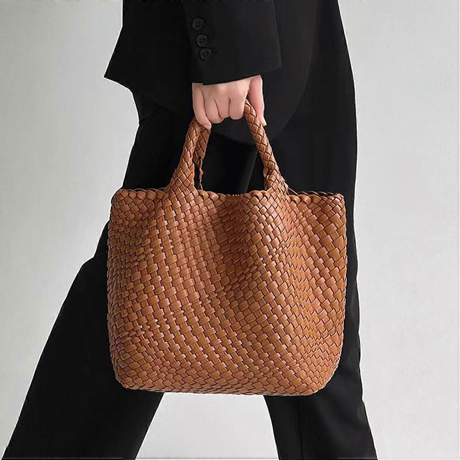 Woven Tote Bag for Women Soft Leather Handbag with Pocket - Image 5