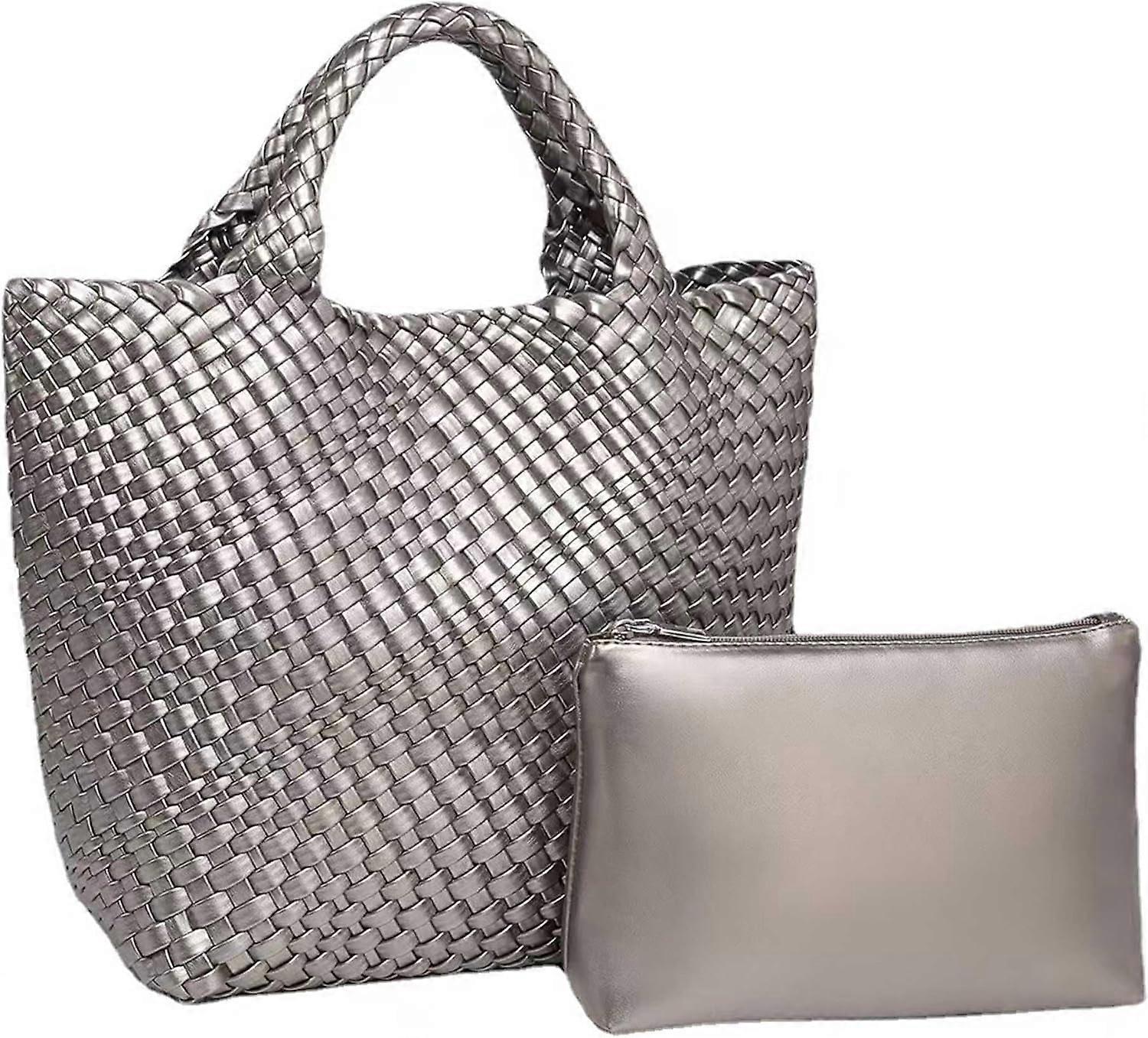 Woven Tote Bag for Women Soft Leather Handbag with Pocket - Image 1