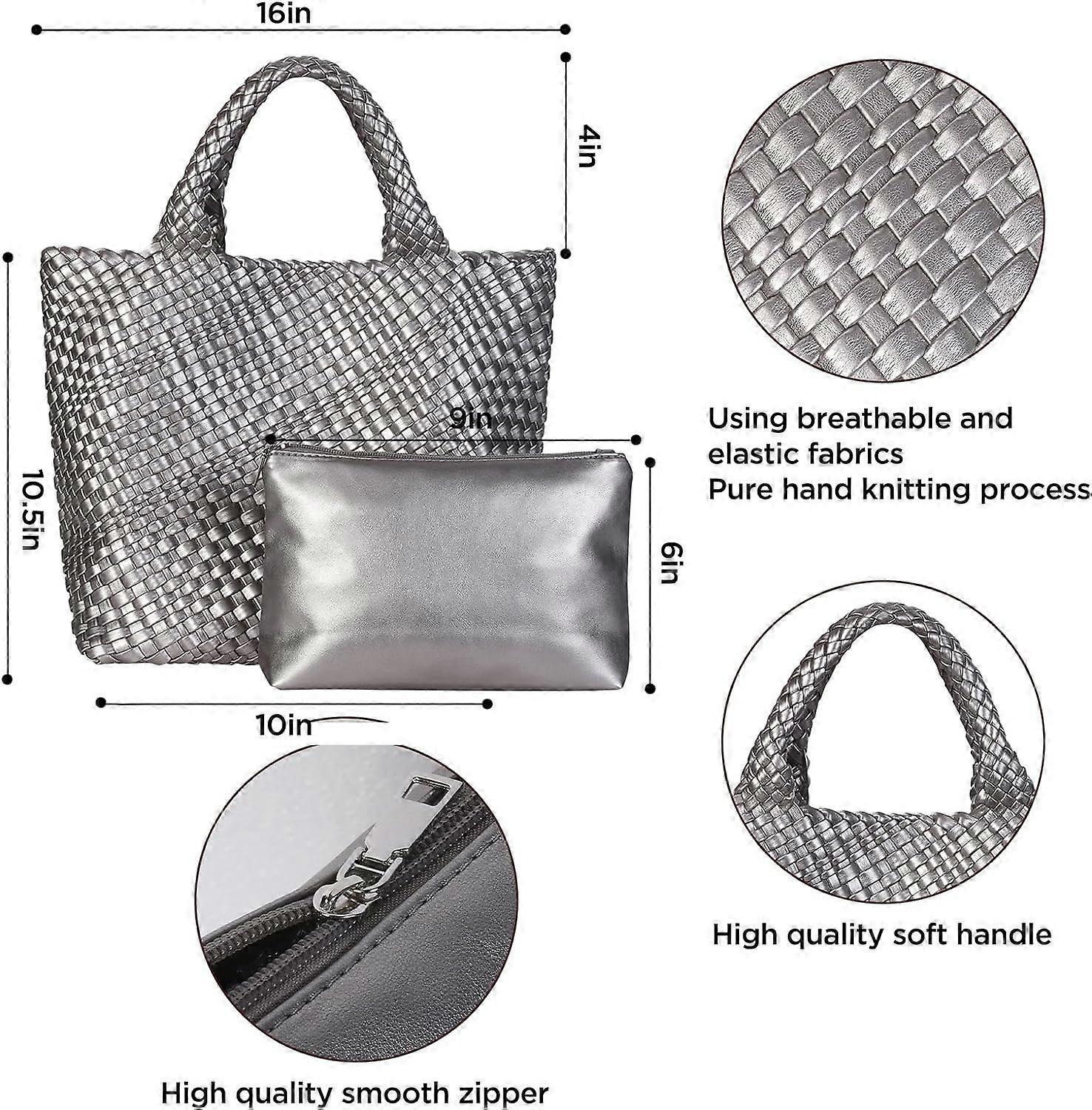 Woven Tote Bag for Women Soft Leather Handbag with Pocket - Image 2
