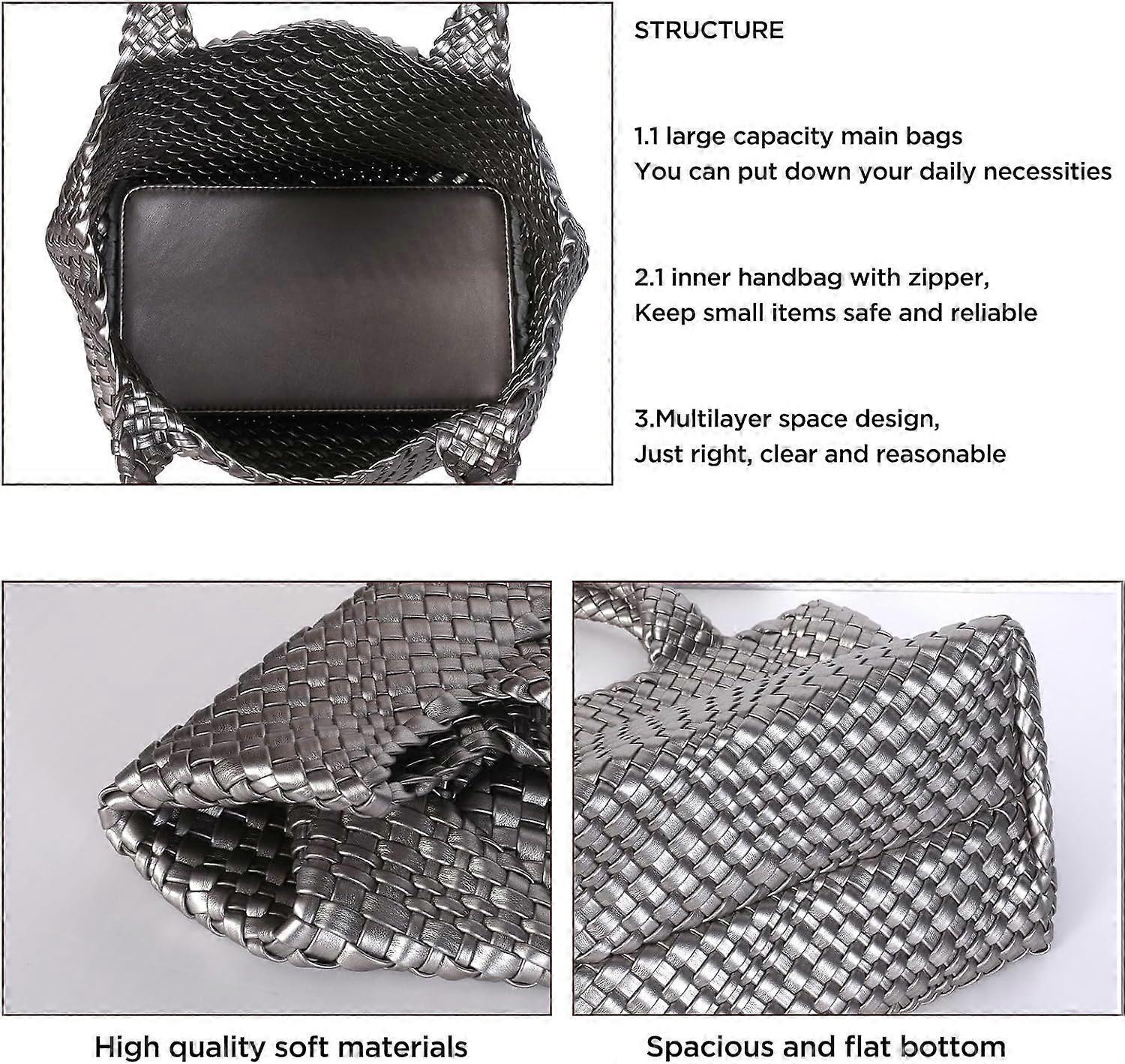 Woven Tote Bag for Women Soft Leather Handbag with Pocket - Image 3